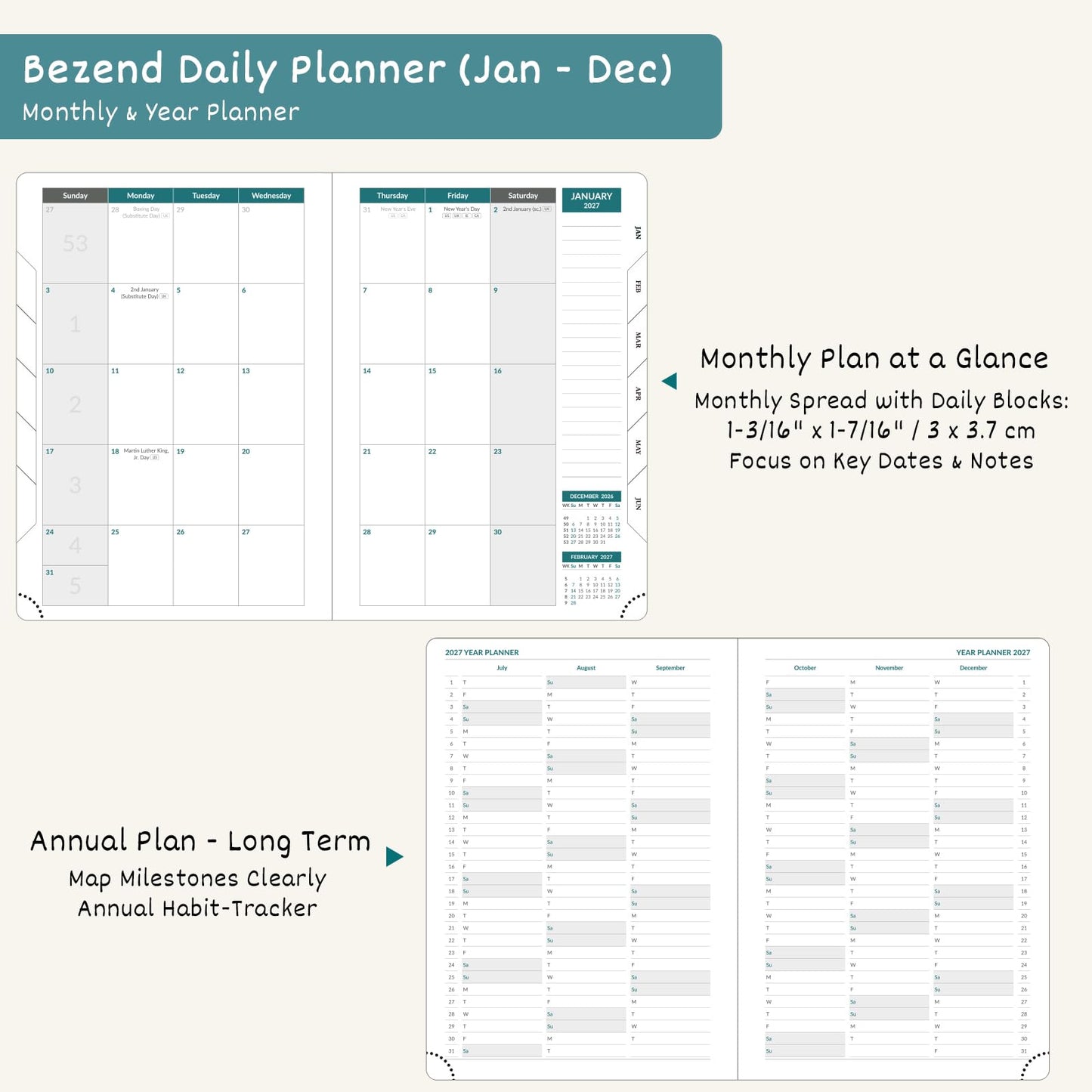 BEZEND 2027 Daily Planner (6" x 8.5") Full Page Per Day & Equal Weekends - Dual Column Schedule with Note Section & Monthly Tabs (Jan-Dec) PU Vegan Leather Hardcover, Work Life Balance - Burgundy