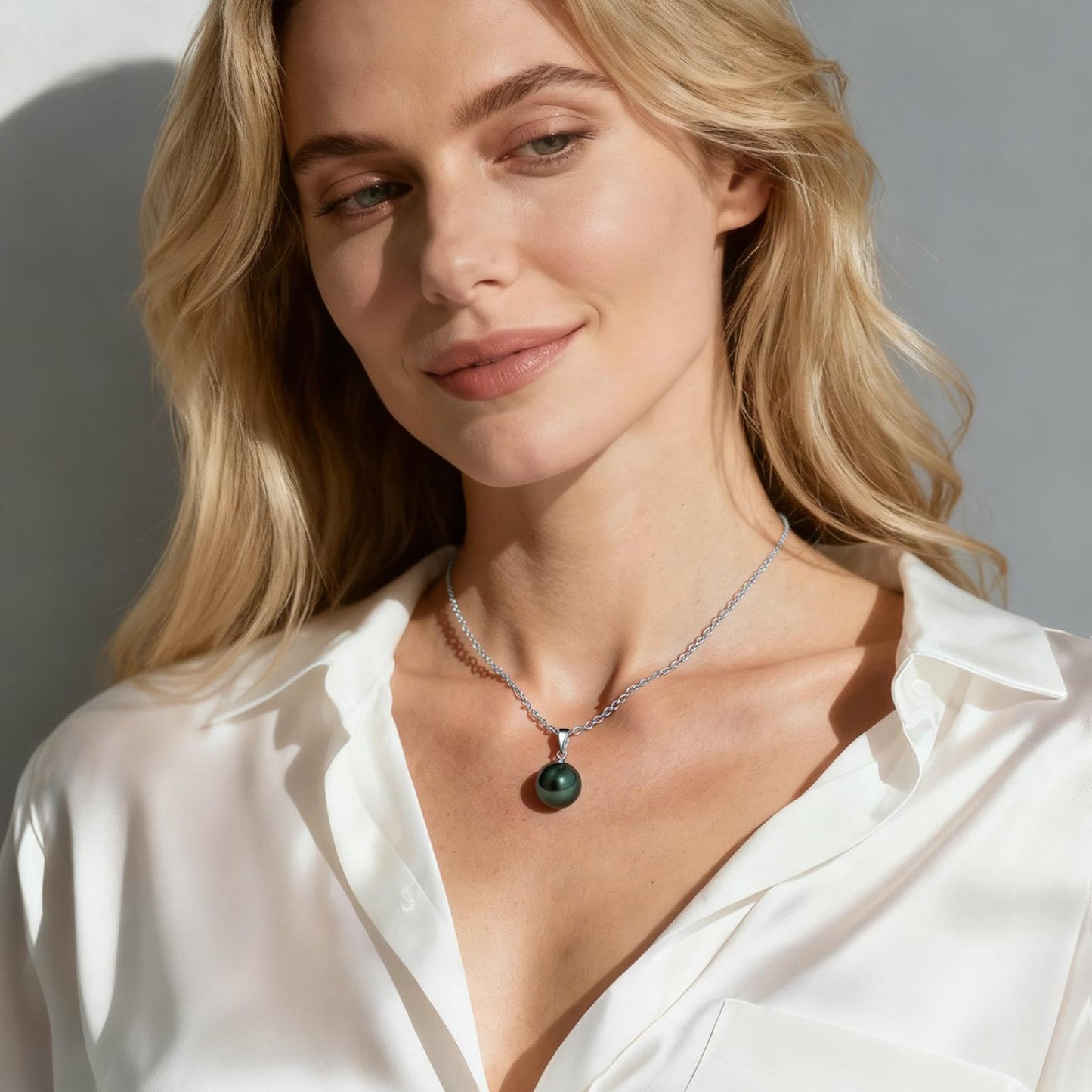 18K Solid White Gold Tahitian Black Pearl Necklace Pendant with Sterling Silver Chain, AAAAA 11-12mm Ocean-Grown Pearls - Christmas Gift for Wife Mom, Women Jewelry for Wedding Anniversary Birthday