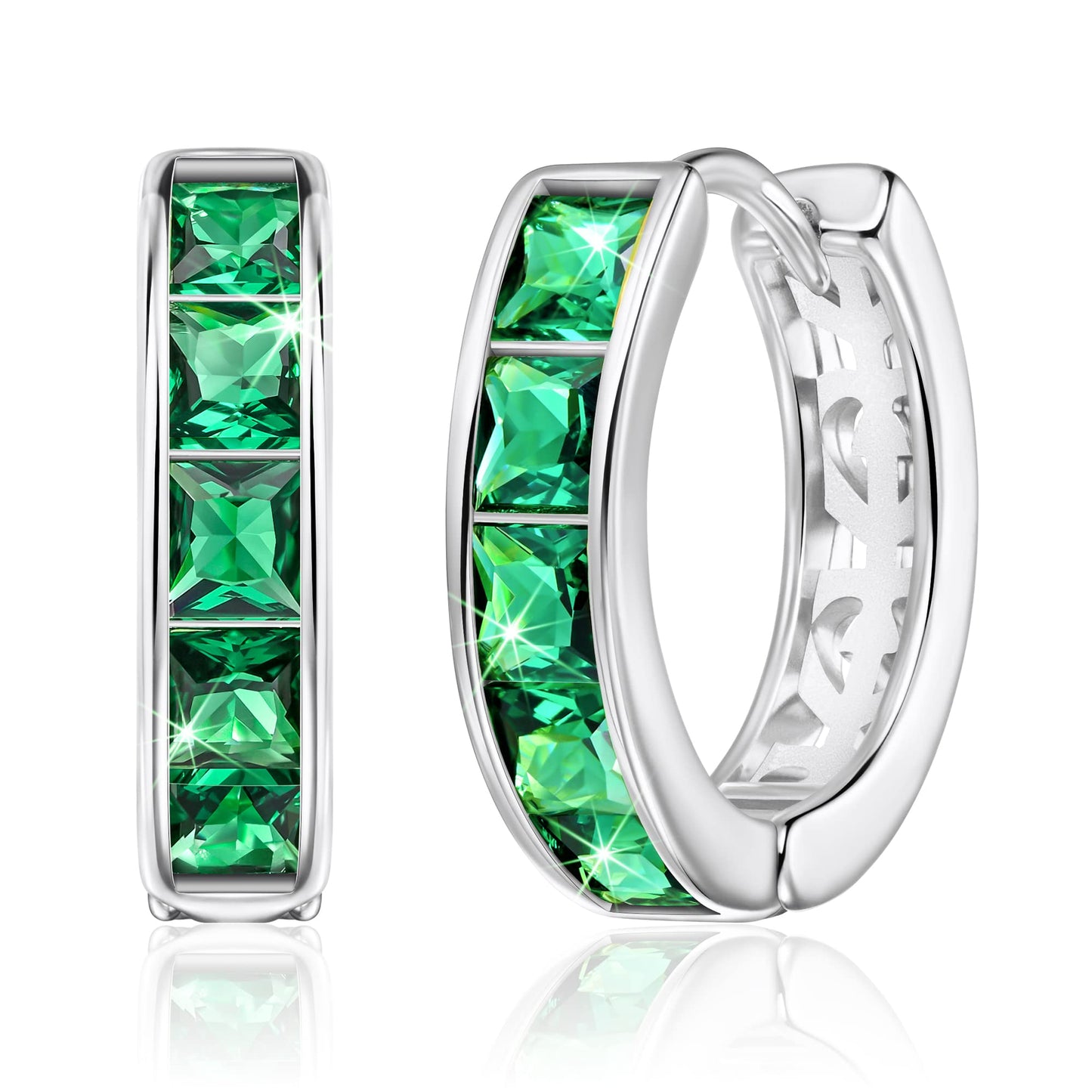 Linawe Silver Small Hoop Earrings for Women - Trendy Emerald Green Huggie Earrings with Cubic Zirconia, Cartilage Mini Hoop, Cute Flat Back