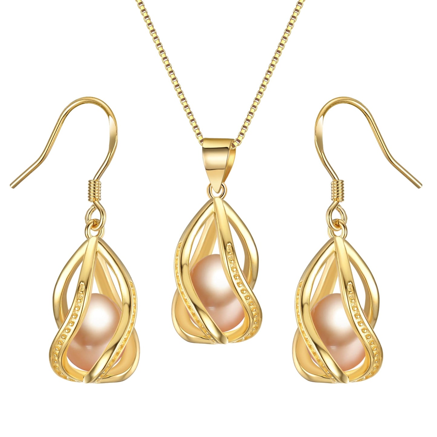 HENGSHENG Pearl Jewelry Set For Women 14K Gold Plated Necklace & Earrings Set Freshwater Pearl Pendant Cage Set for Wedding Anniversary Prom Birthday Gift - Golden Pink