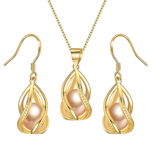 HENGSHENG Pearl Jewelry Set For Women 14K Gold Plated Necklace & Earrings Set Freshwater Pearl Pendant Cage Set for Wedding Anniversary Prom Birthday Gift - Golden Pink