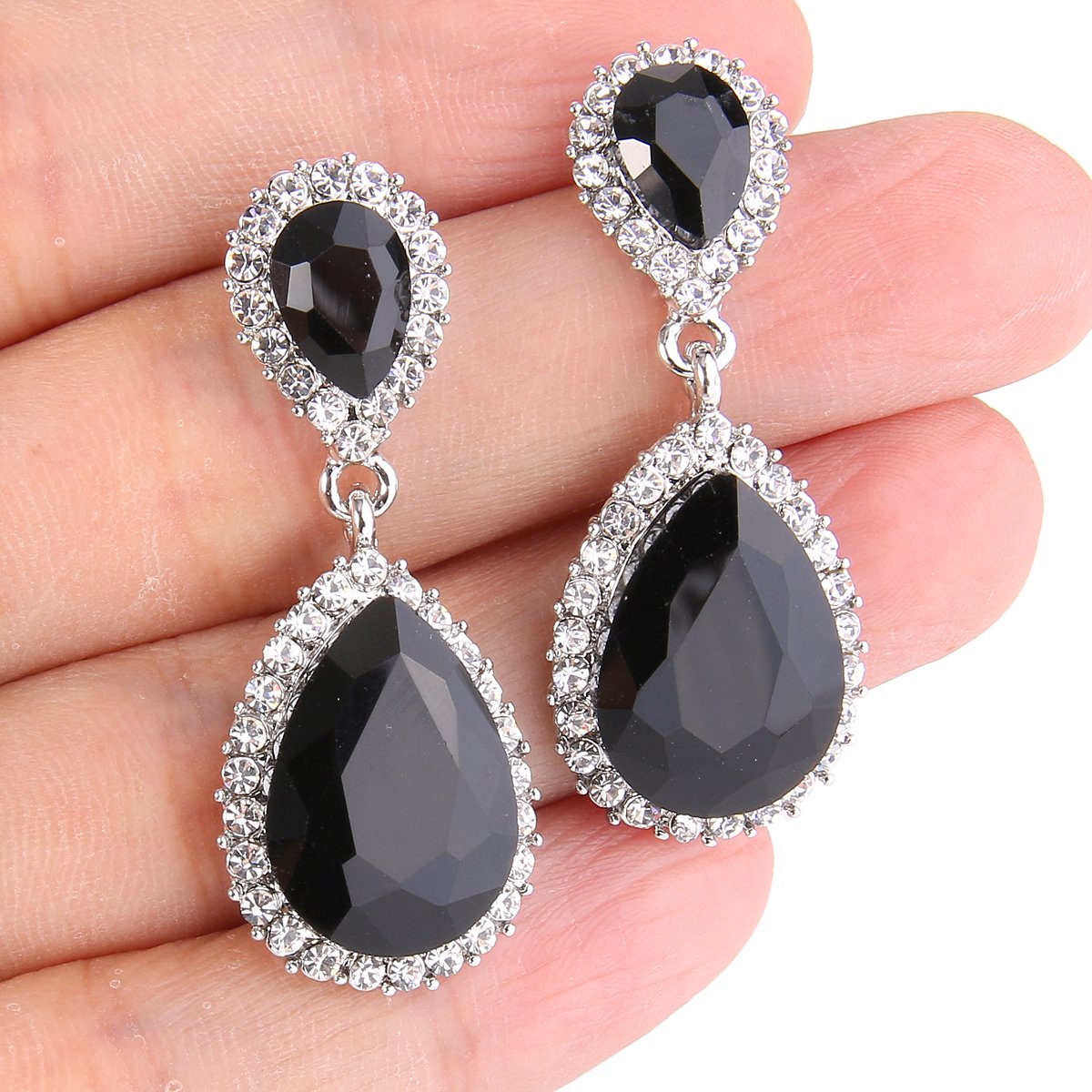 EVER FAITH Women's Black Austrian Crystal Wedding Bridal Tear Drop Dangle Earrings Silver-Plated-Base