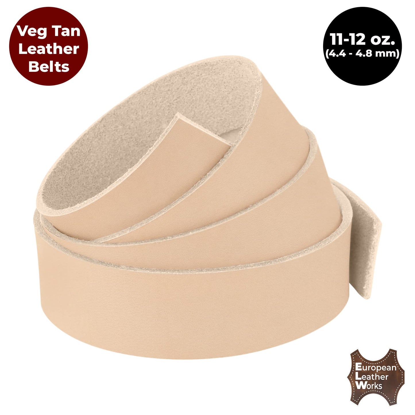 European Leather Works 11-12 oz. (4-4.8mm) Vegetable Tanned Leather Belt Blanks/Straps Size: 2-1/2"x50" (6.35x127cm) Full Grain Cowhide Tooling, Crafting, Knife Sheath, Furniture