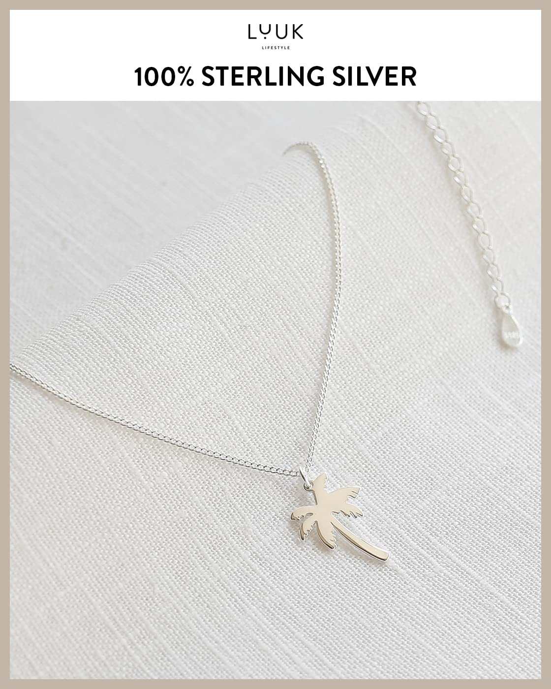 LUUK LIFESTYLE Necklace in 925 sterling silver, palm tree pendant and HAPPINESS gift card, trendy jewelry for women, fashion accessory for friend, sister, mother, lucky charm, silver