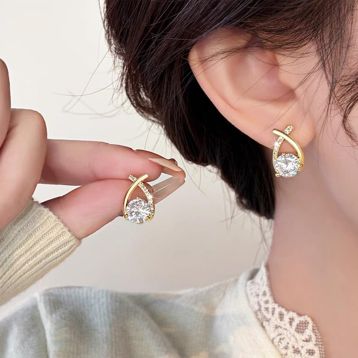 GLMOCM Lymphvity Germanium Earrings: Modern Hoops, Dangle, White Zircon Stones, Copper Metal, Push Back, Female, 1 Pair