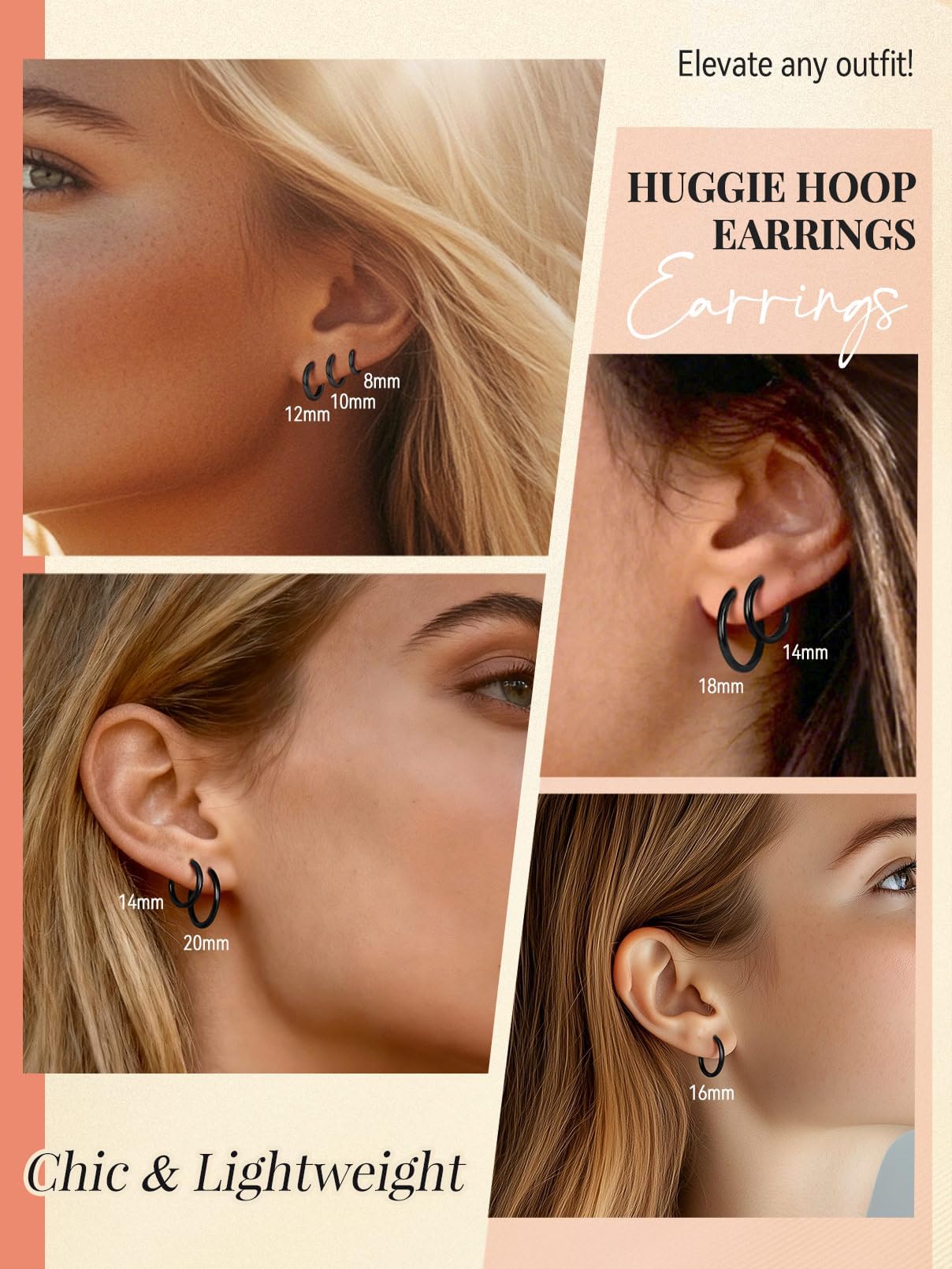 FaithHeart Hoop Earrings for Women, Black Hypoallergenic Huggie Hoop Earrings, Small Cartilage Earrings for Women 16mm, Send Gift Box