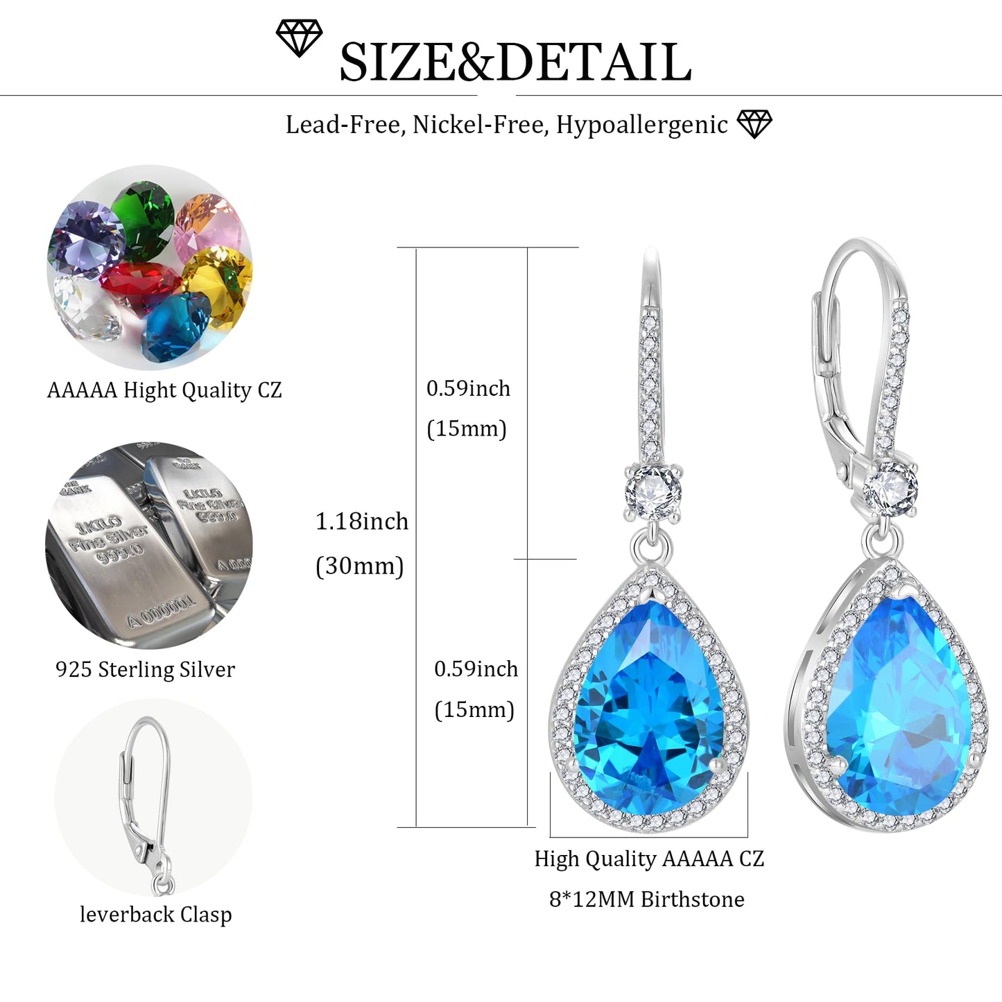 FYNSBLE Dangle Drop Earrings for Women,Sterling Silver Aquamarine Birthstone Leverback Earrings Hypoallergenic Jewelry for Women