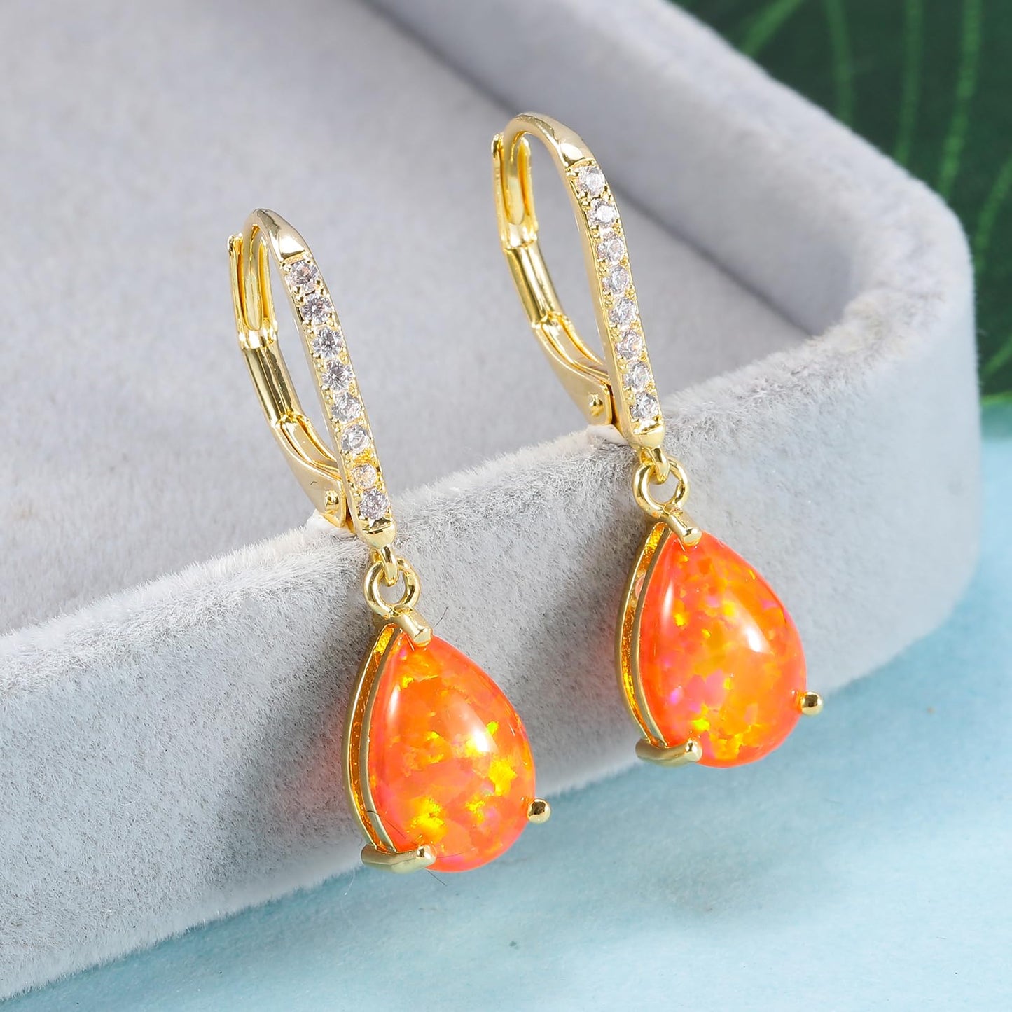 Leverback Orange Opal Dangle Earrings 14k Yellow Gold Plated Drop Earrings for Women Teardrop Earrings Elegant Jewelry Gifts for Mothers Day Birthday Party
