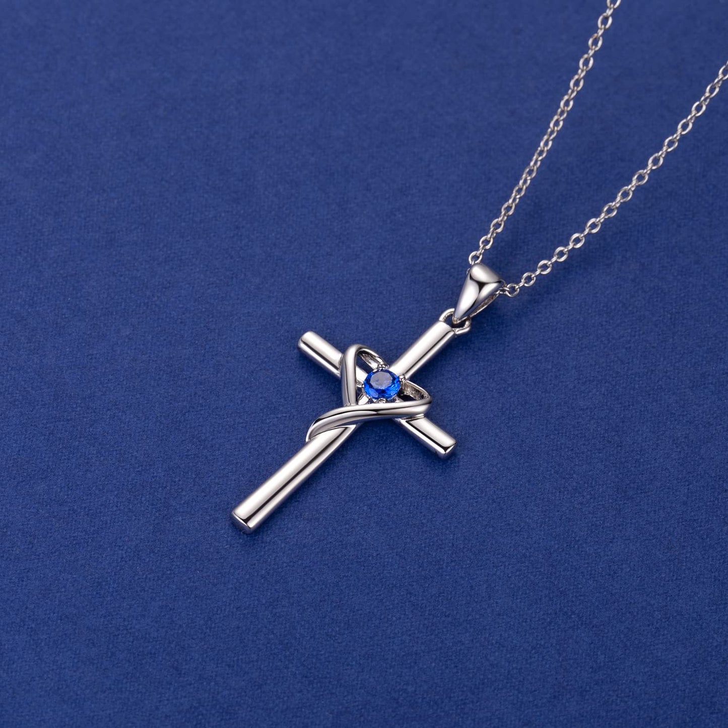 AmorAime 925 Sterling Silver Cross Necklace for Women Men 14K Gold Plated 5A CZ Birthstone Necklaces for Holiday (I.Dark Blue-September-Sapphire)