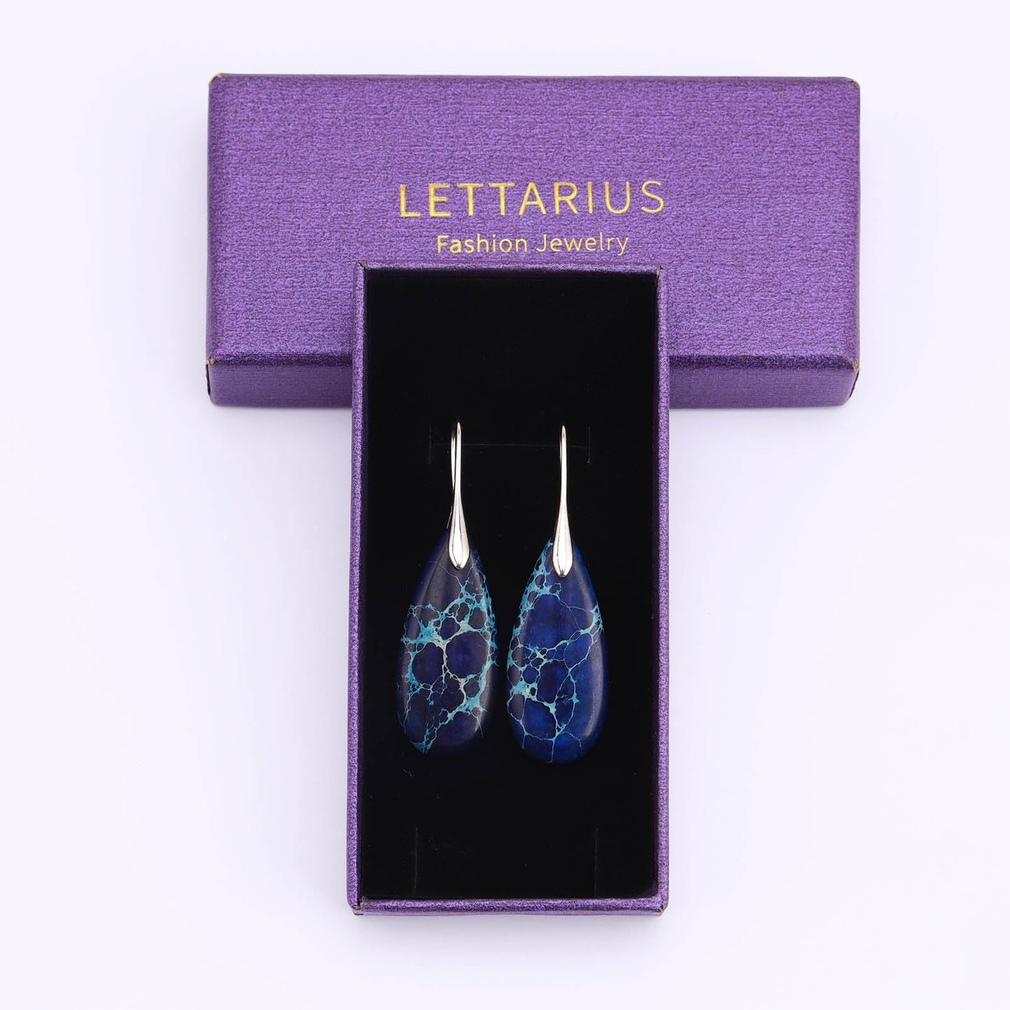 Lettarius Natural Crystal Healing Moon Stone Drop Earrings for Women Sea Sediment Rock Teardrop Birthstone Sapphire Royal Blue Quartz Dangle Silver Plated Jewelry