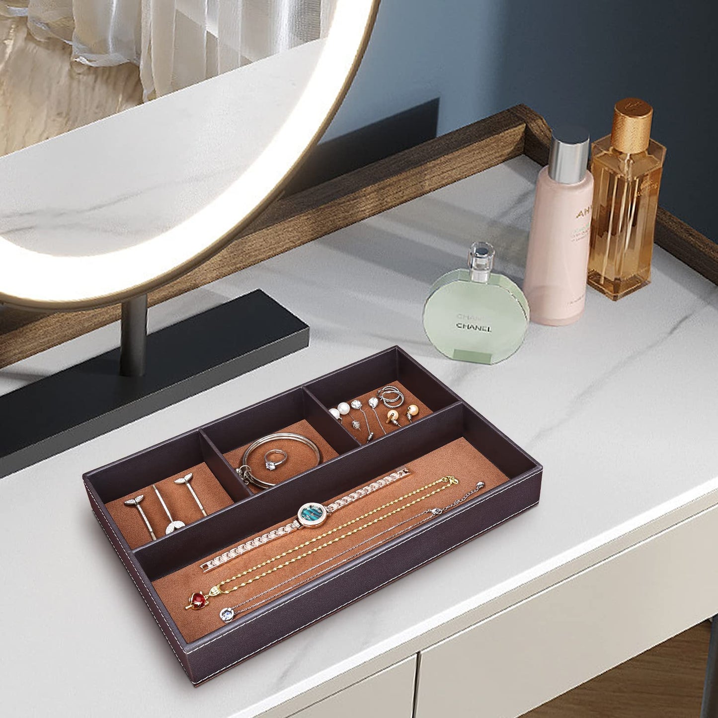 GORESE 2 Pieces Faux Leather Valet Tray for Men, Stackable Jewelry Trays for Drawers, Mens Dresser Top Organizer for Key, Wallet, Sunglass, Watch, Coin, Phone, Nightstand Bedside Tray Brown