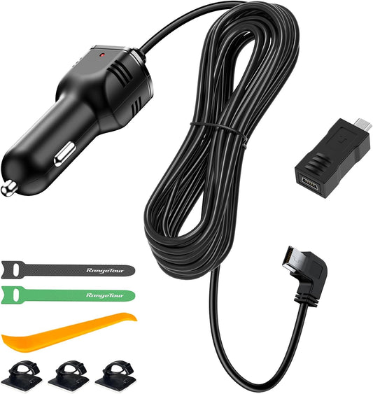 Range Tour 4m/13.12ft 12V/24V DC5V 3A Dash Camera Car Charger, Mini USB and Micro USB Interfaces, L-Type Driving