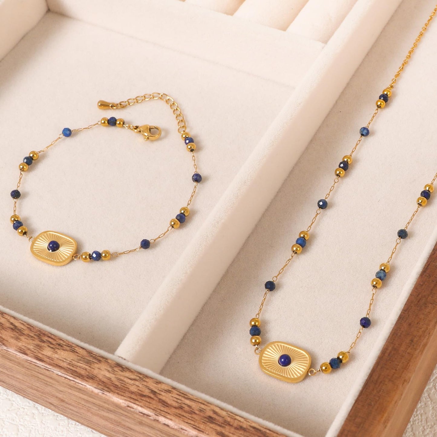 TaYolnFaSo Natural Lapis Lazuli Jewelry Set for Women 18K Gold Plated Sun Disk Lapis Lazuli Necklace Earrings Bracelet Set Gift for Mother
