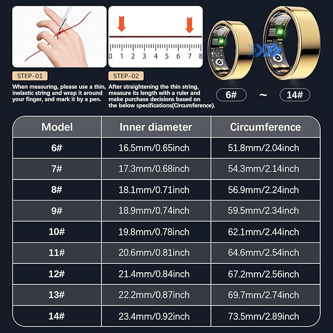 Health Tracker Ring, Smart Health Ring for Women Men with Heart Rate, Blood Oxygen, Sleep Monitor, Steps,Calories, No Subscription Fee, IP68 Waterproof Smart Ring for iPhone & Android (Gold, 13#)