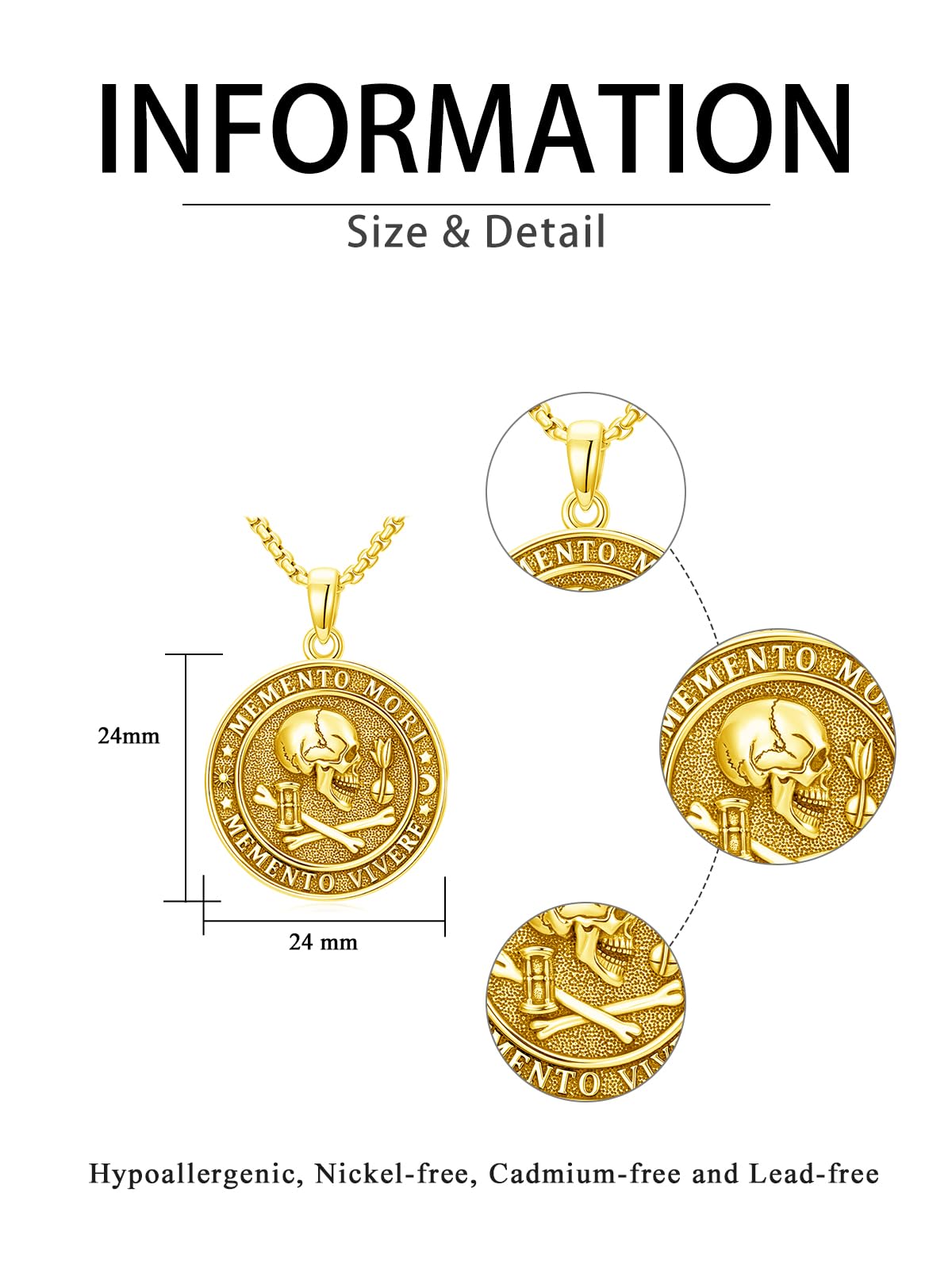 POIUY Memento Mori Necklace for Men Gothic Gold Skull Pendant Stoicism Mori Jewelry Tree of Life Amulet Protection Gifts for Men Women 22+2 Inch Chain