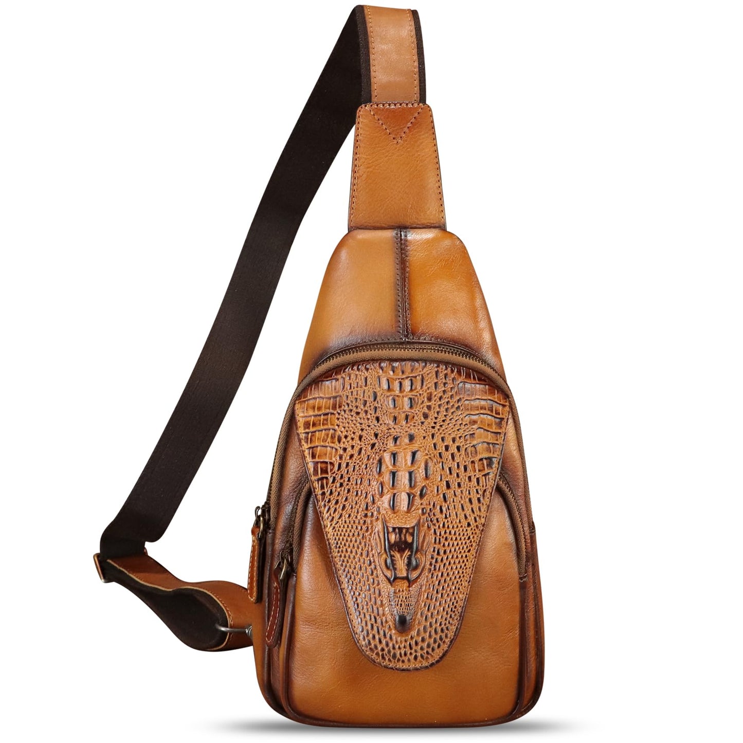 FEIGITOR Genuine Leather Sling Bag Embossed Crocodile Pattern Leather Crossbody Sling Backpack Handmade Chest Purse Daypack (Brown)
