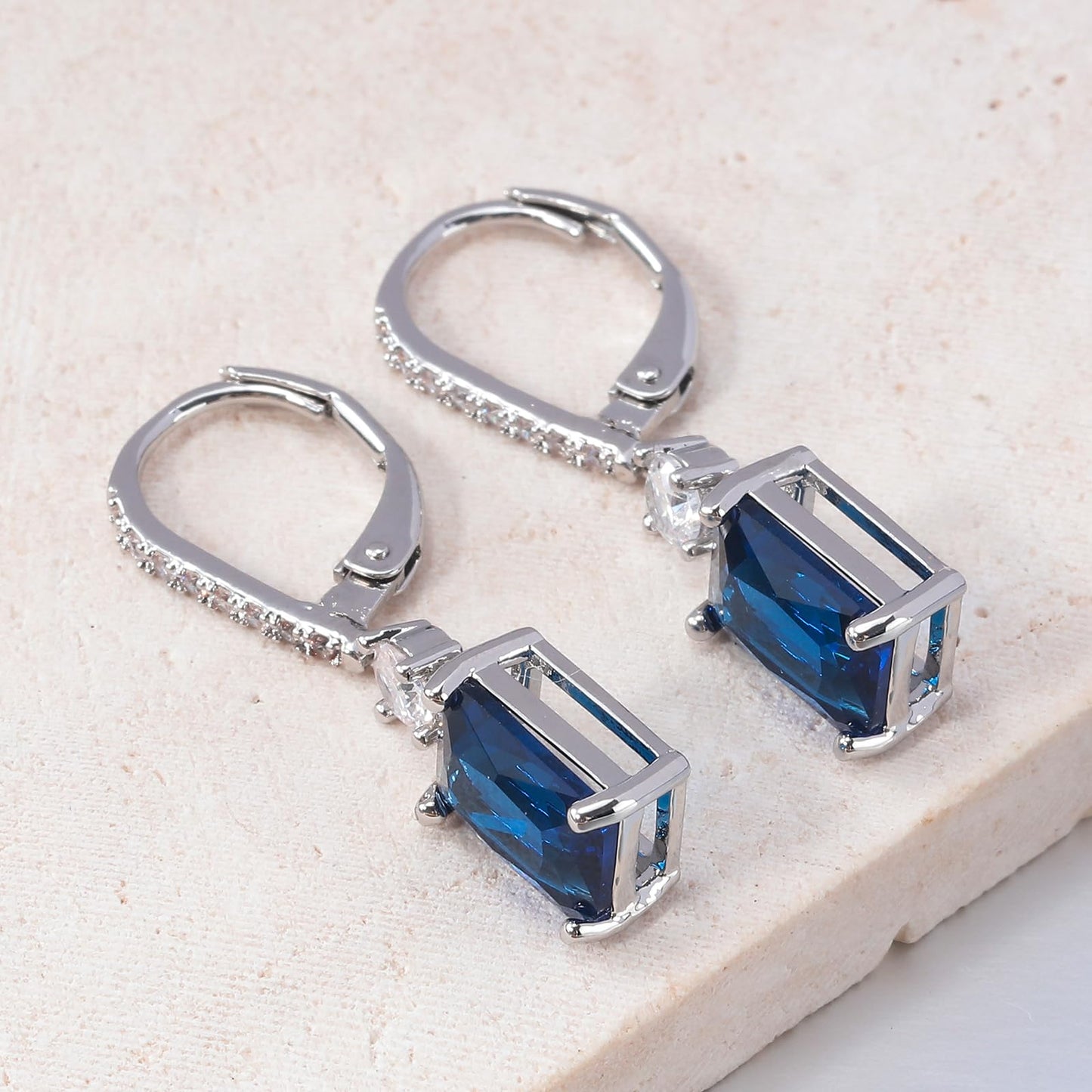 CiNily Leverback Earrings for Women Rectangular-cut Drop Dangle Earrings Hypoallergenic, 14K White Gold Plated Navy Blue Cubic Zircon Earrings Diamond Dangle Earrings Jewelry for Sensitive Ear