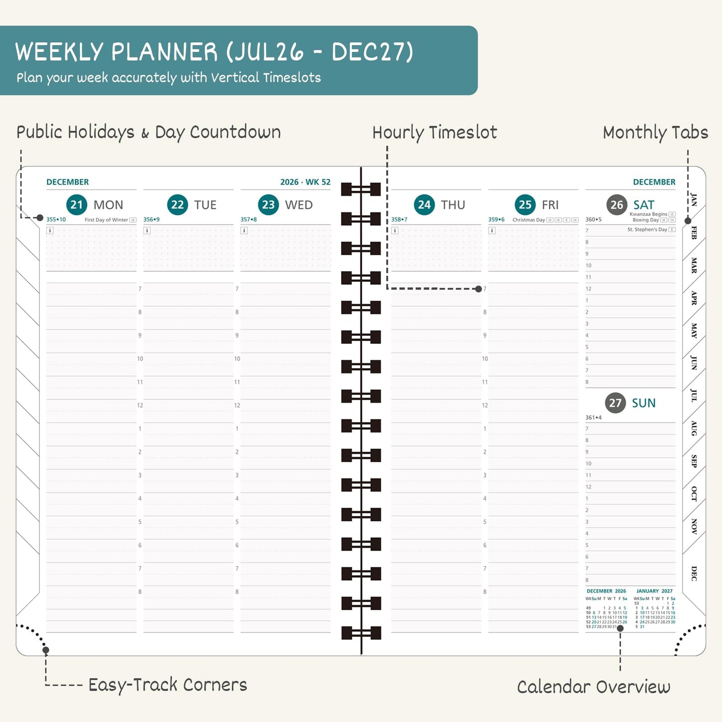 BEZEND Weekly Planner 2026-2027 (8.5" x 11") with Hourly Timeslots (Jul 26-Dec 27) 18 Months Academic Calendar & Monthly Tabs, for Students, Work & Home, Spiral PU Leather Softcover -Turquoise