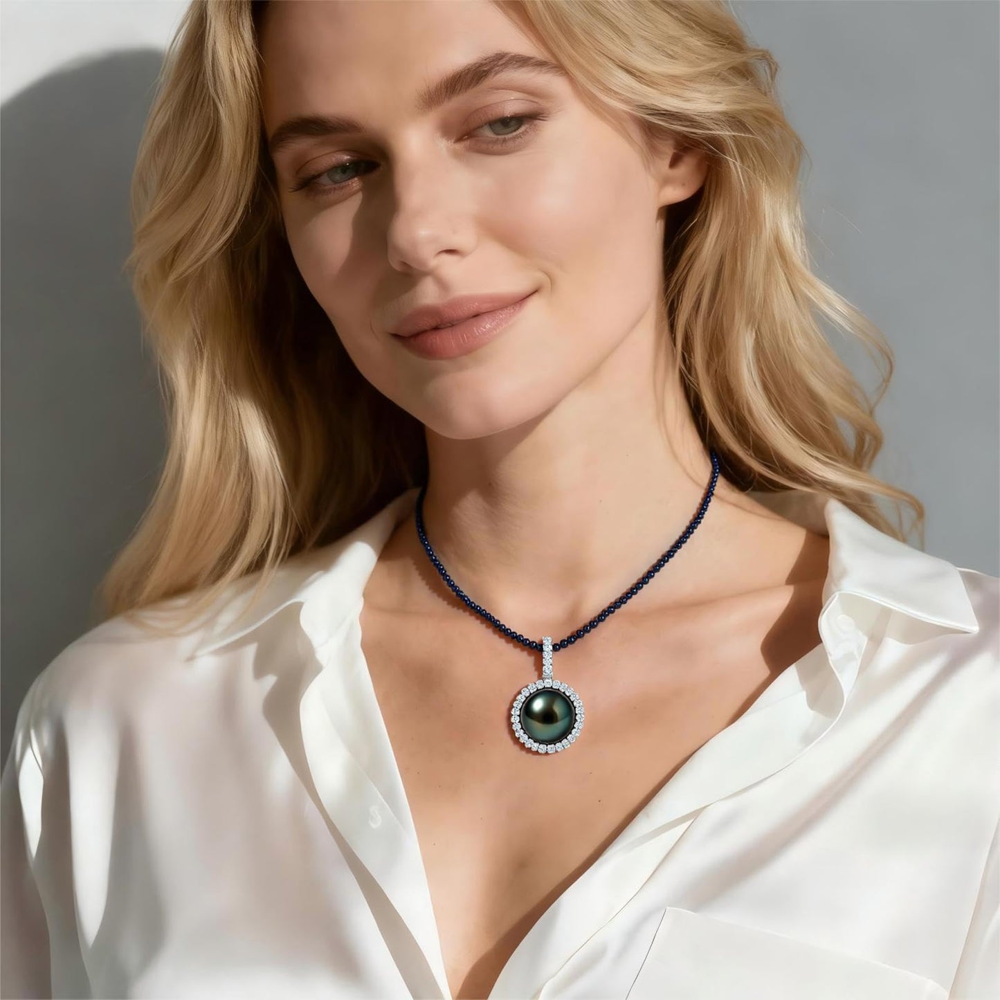 Genuine Tahitian Black Pearl Necklace - Mother's Day Birthday Gifts for Wife Mom Daughter, Jewelry Gifts for Wedding Anniversary, 12-13mm Seawater Pearl with Sterling Silver Moissanite Pendant