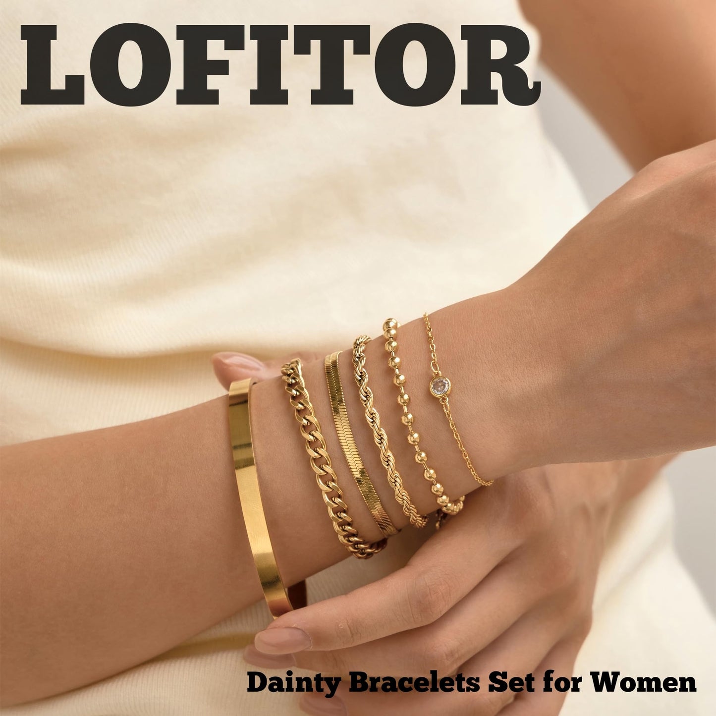 LOFITOR Gold Bracelets for Women Dainty Non Tarnish Link Chain Bracelets Set for Women Trendy Adjustable Chunky Thin Bracelets Stack Layered With Cuff Beaded Cuban Rope CZ Heart Cross Jewelry Gifts CZ