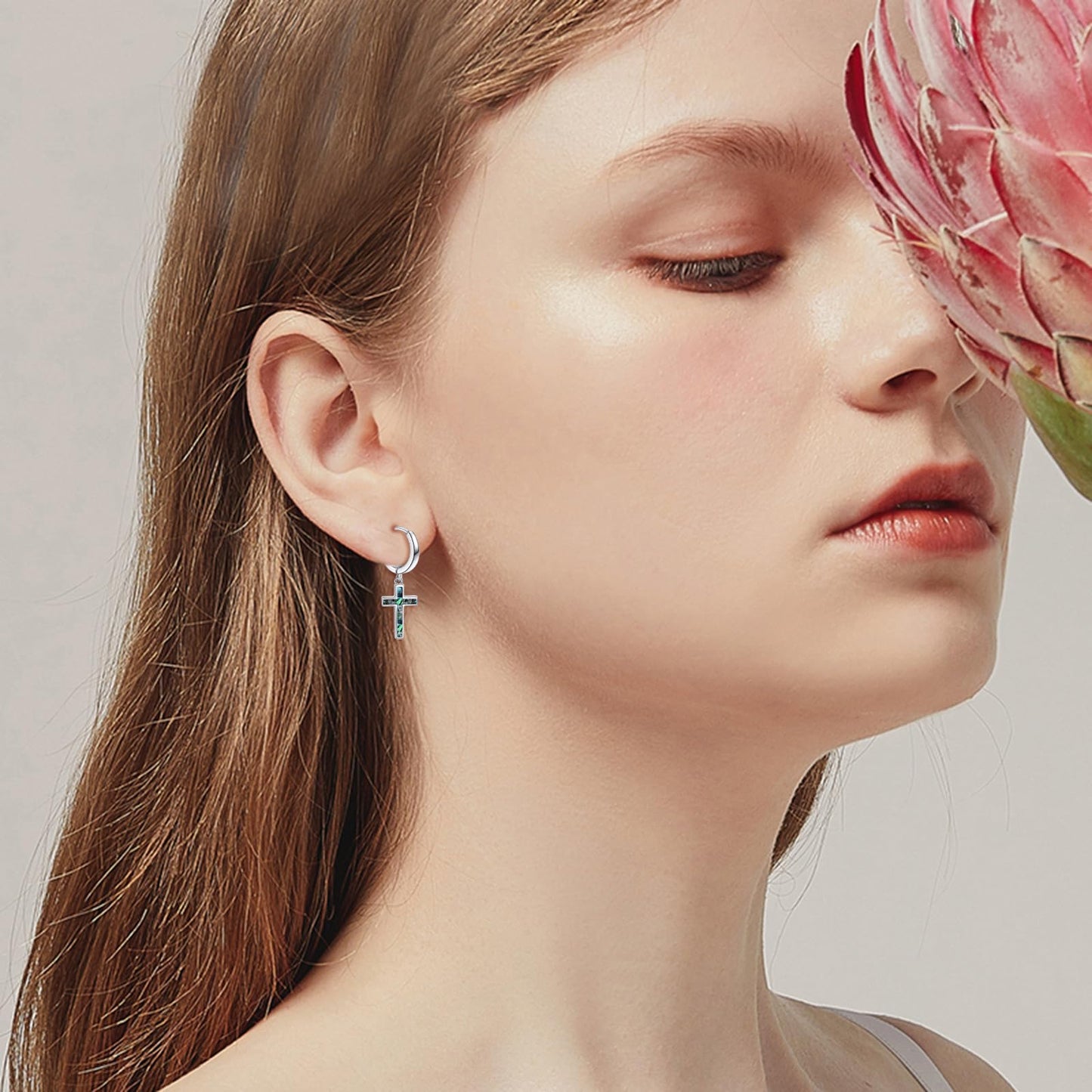 925 Sterling Silver Cross Hoop Earrings Abalone Dangle Drop Earrings Huggie Jewelry Birthday Gifts for Women Men (Abalone Cross)