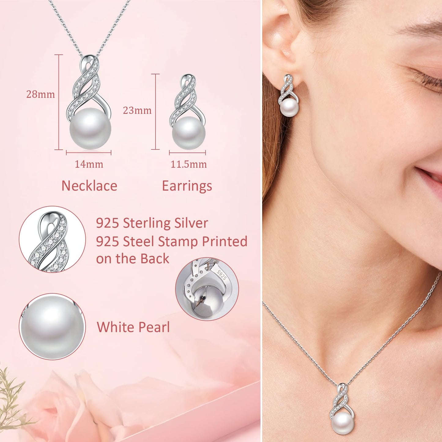 LOIPURI Pearl Necklace and Earring Set for Women - 925 Sterling Silver Pearl Jewelry Set Rhodium/Gold Plated Anniversary Birthday Gifts Packaged in Preserved Rose Box