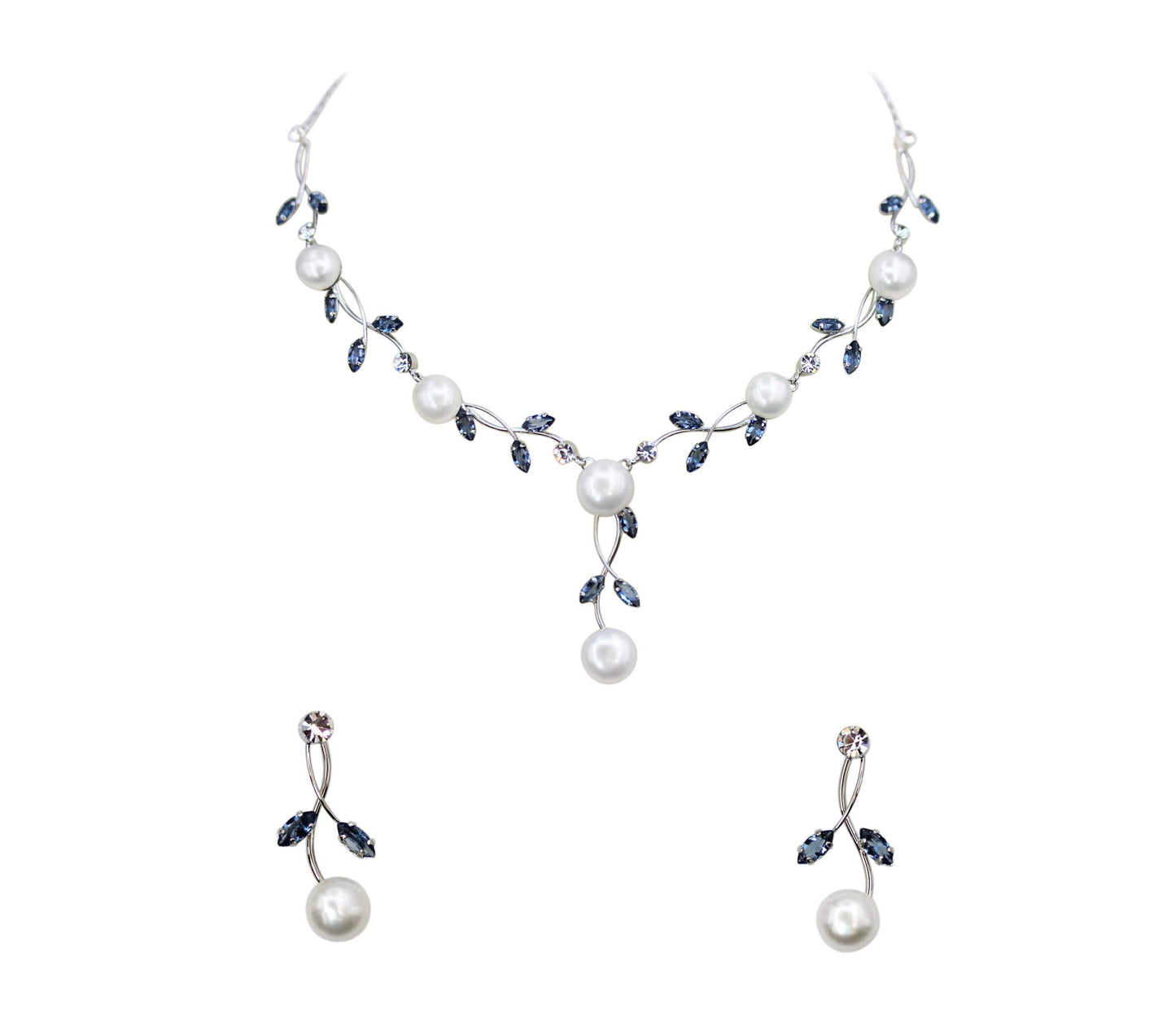 Faship Gorgeous Navy Blue CZ Crystal Genuine Freshwater Pearls Floral Necklace Earrings Set - Navy Blue