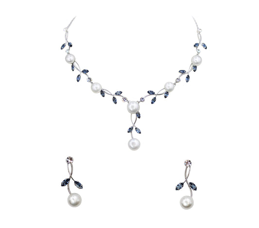 Faship Gorgeous Navy Blue CZ Crystal Genuine Freshwater Pearls Floral Necklace Earrings Set - Navy Blue
