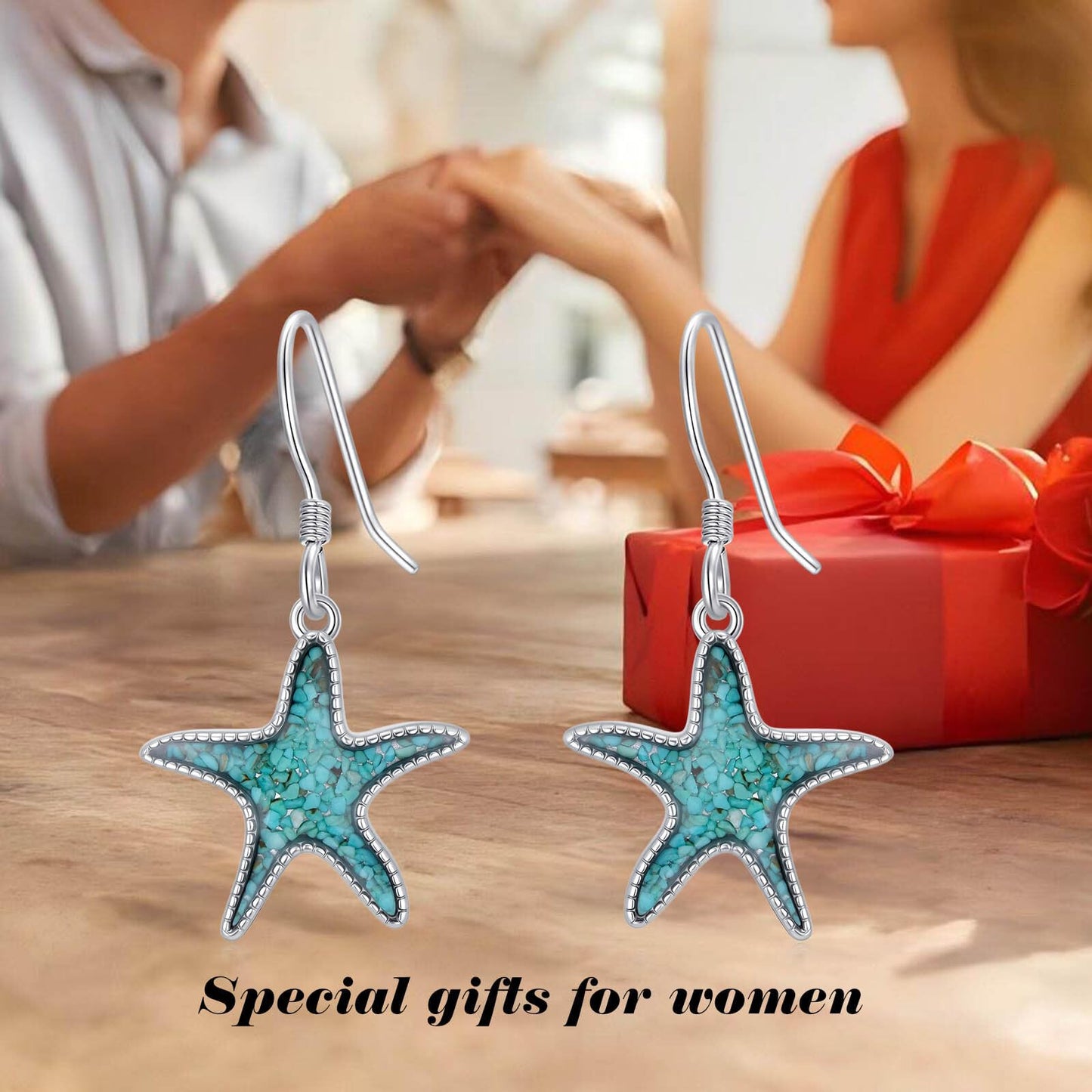 HPQQ Starfish Earrings 925 Sterling Silver Turquoise Starfish Dangle Earrings Ocean Beach Themed Jewelry Mother's Day Jewelry Gifts for Women