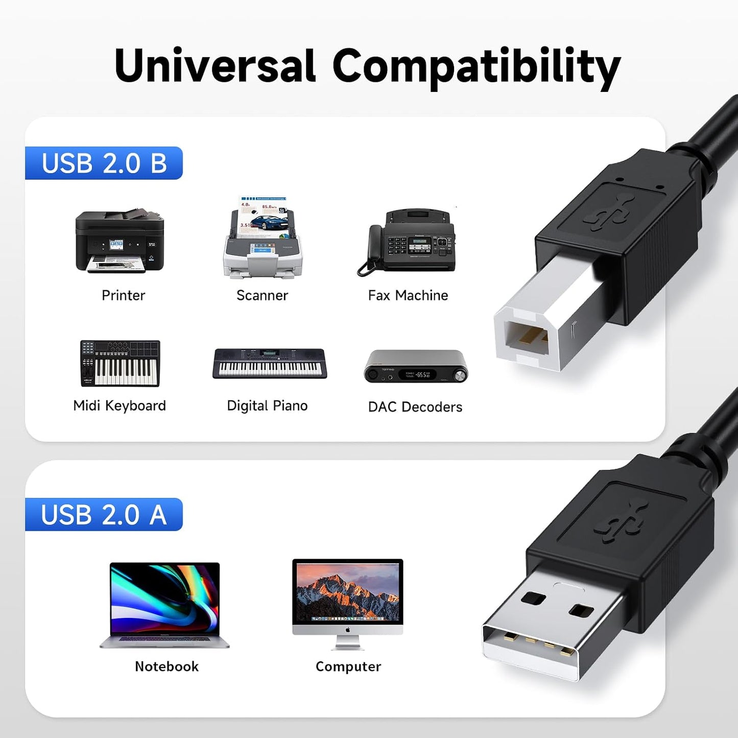 Qxcynsef 2.0 10 10FT USB Printer Cable FT USB A to USB B Cable for HP, Canon, Epson, Brother, Lexmark Printer, Scanner