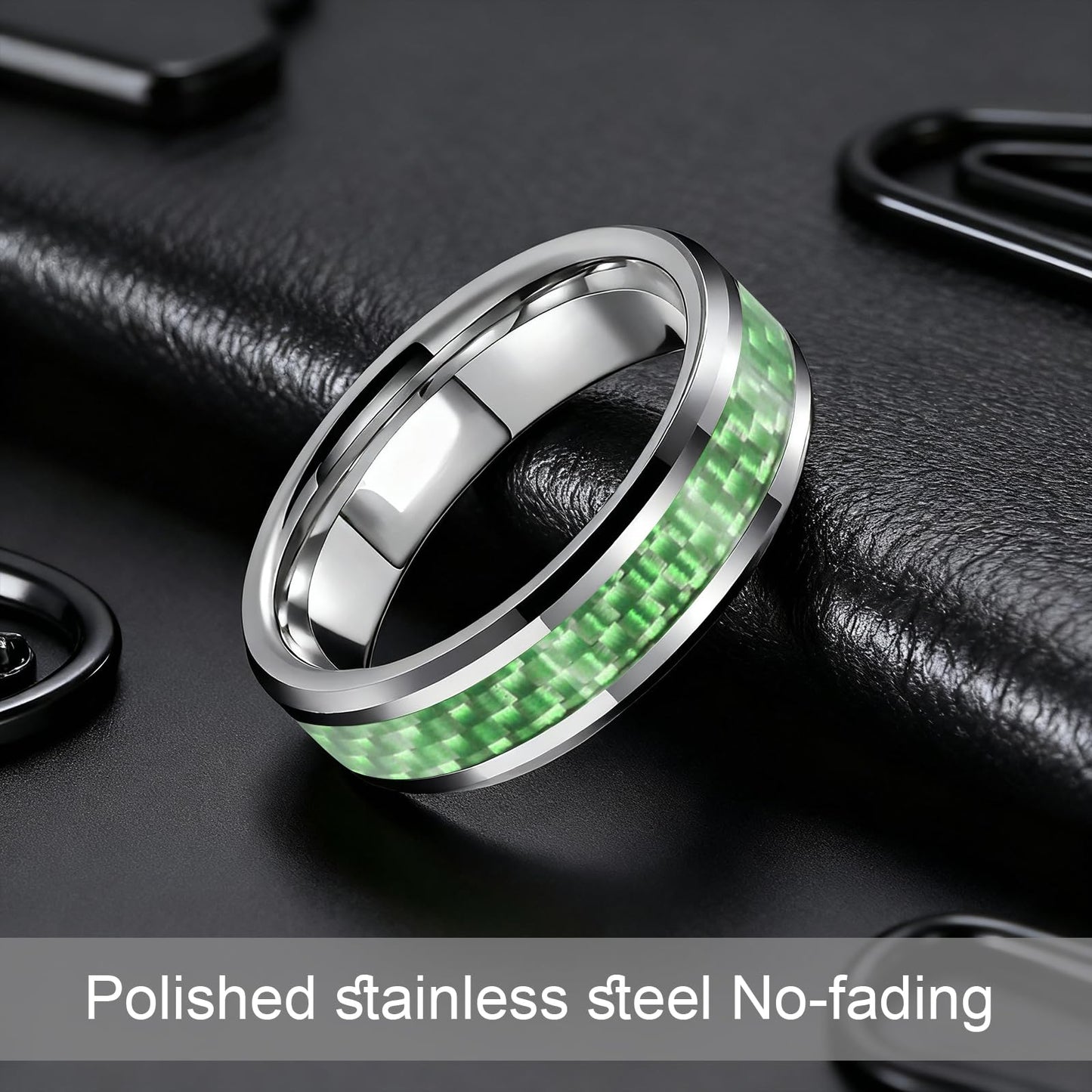 HJIMMNHONG New Carbon Fiber Fashion Rings Double Beveled Edge Delicate Polished Simple Stainless Steel Mens and Women Rings,8mm,Green,Size 11