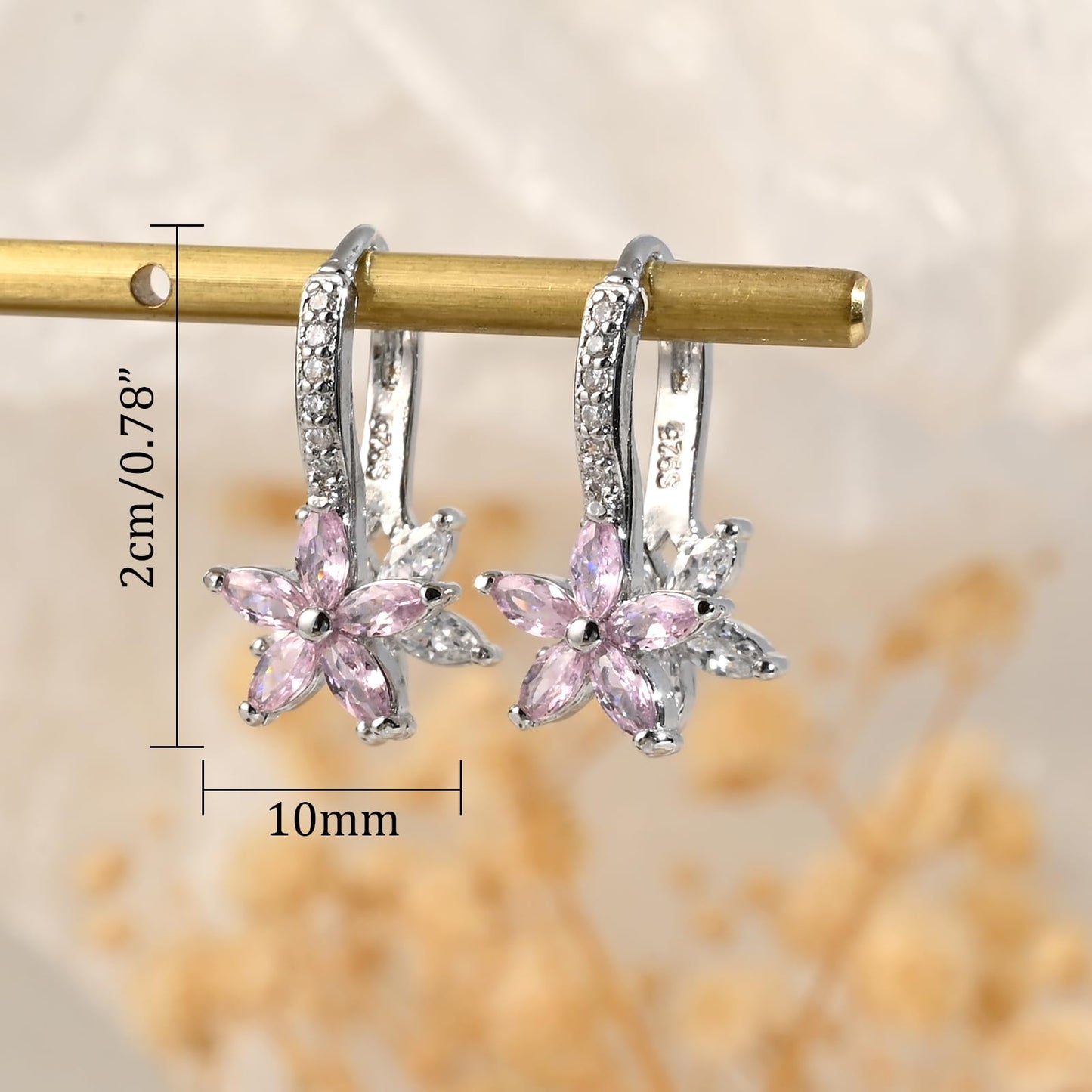 Watforsh 925 Sterling Silver Flower Earrings for Women Dangling Leverback Earrings with Pink and White Crystal Double Floral
