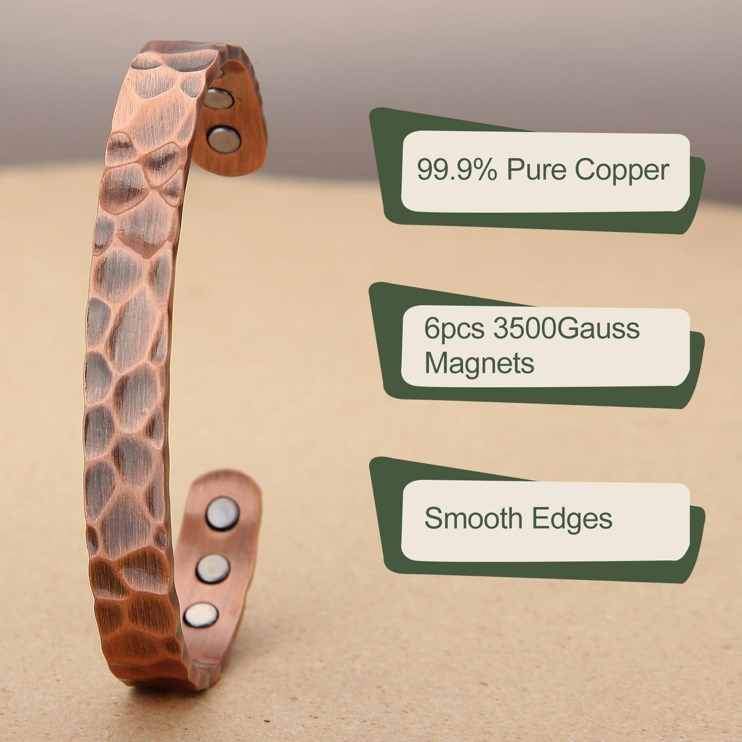 MagEnergy Copper Bracelet & Lymphatic Drainage Ring for Men and Women, Magnetic Hammered Pure Copper Bangle with 3500 Gauss Magnets, 6.8" Adjustable Copper Cuff Jewelry Gift