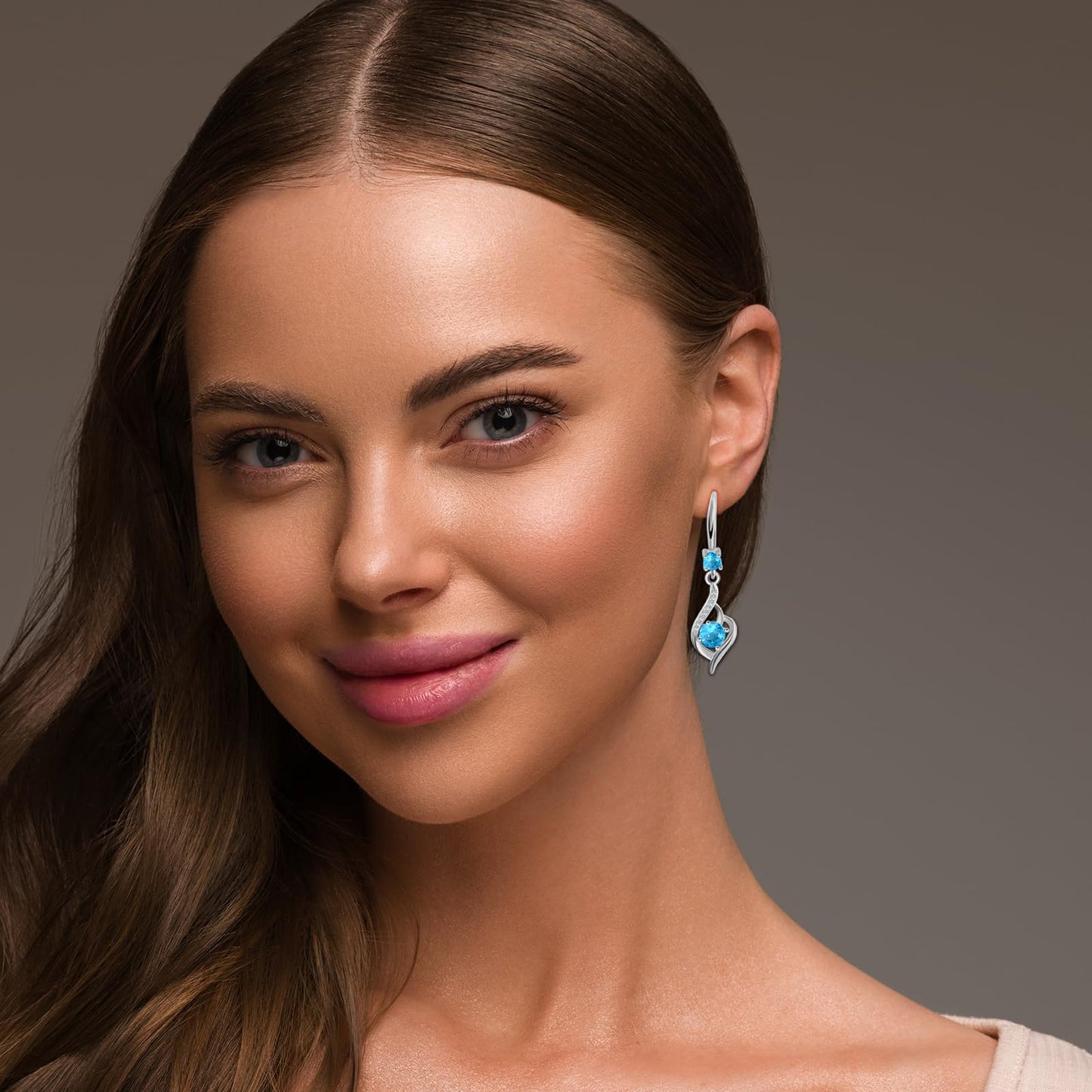 Heart Aquamarine Drop Dangle Earrings-925 Sterling Silver with Blue Crystals-Long Birthstone Jewellery for Women