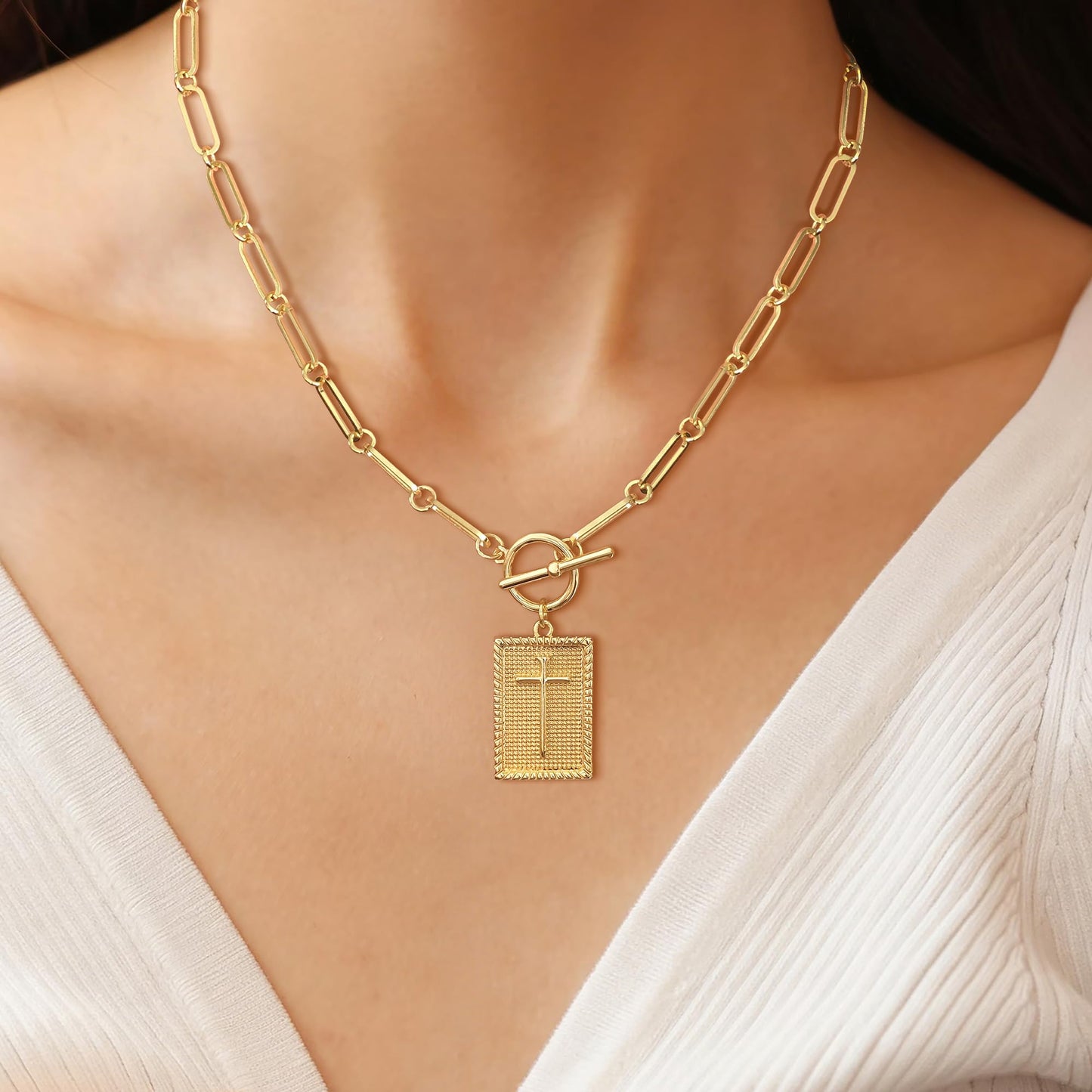 HAXIYA 14K Gold Plated Cross Necklace for Women, Non-Tarnish Faith Jewelry with Toggle Clasp, Fashion Necklace Gifts for Women, Christian Faith, Communion, Birthday & Christmas