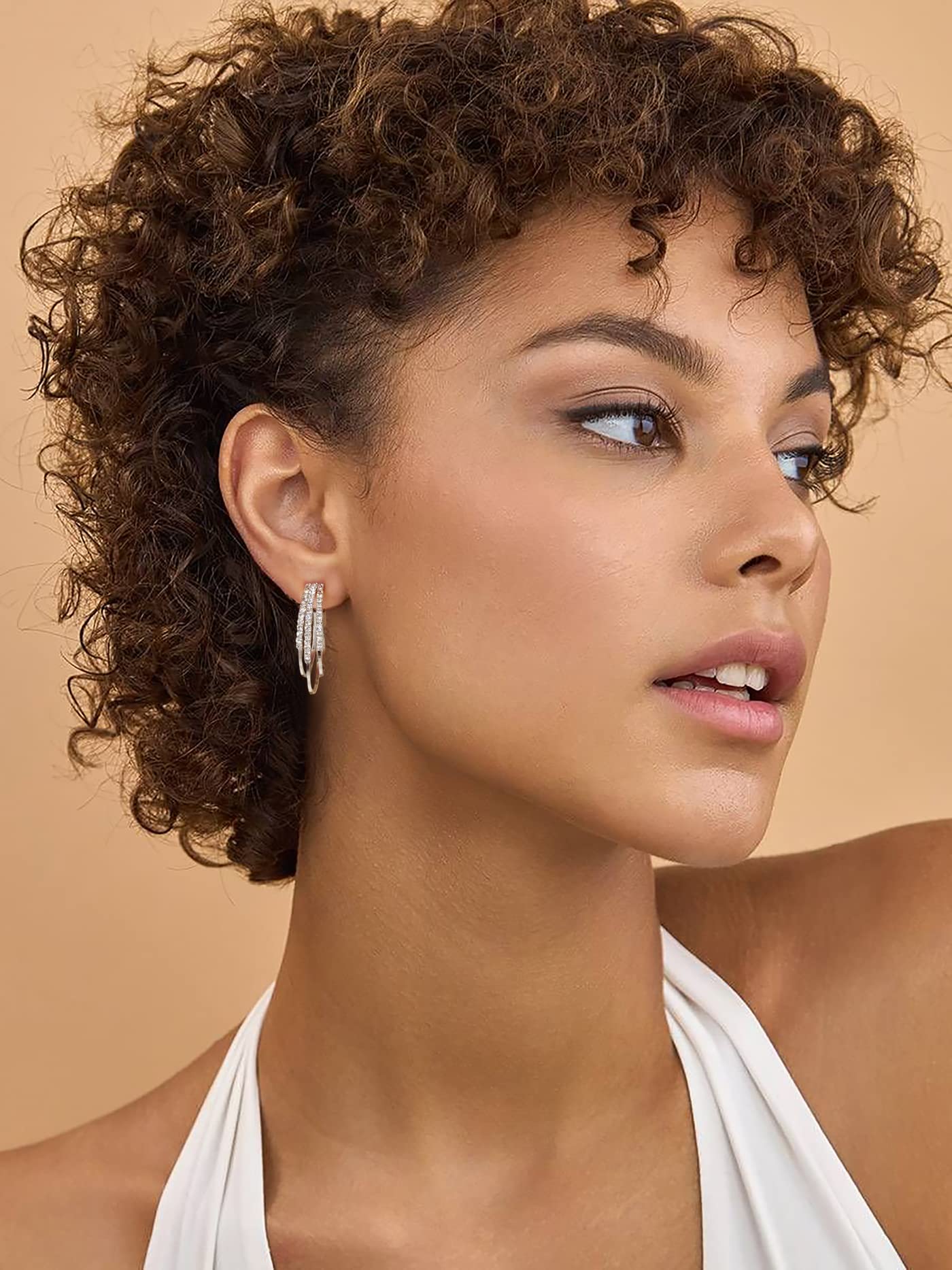 GLOQUAT Silver Plated Hoop Earrings for Women Trendy Triple Silver Earrings for One Hole Elegant Double Hoops Earring Lightweight and Hypoallergenic Sparkly Jewelry Gifts 30mm