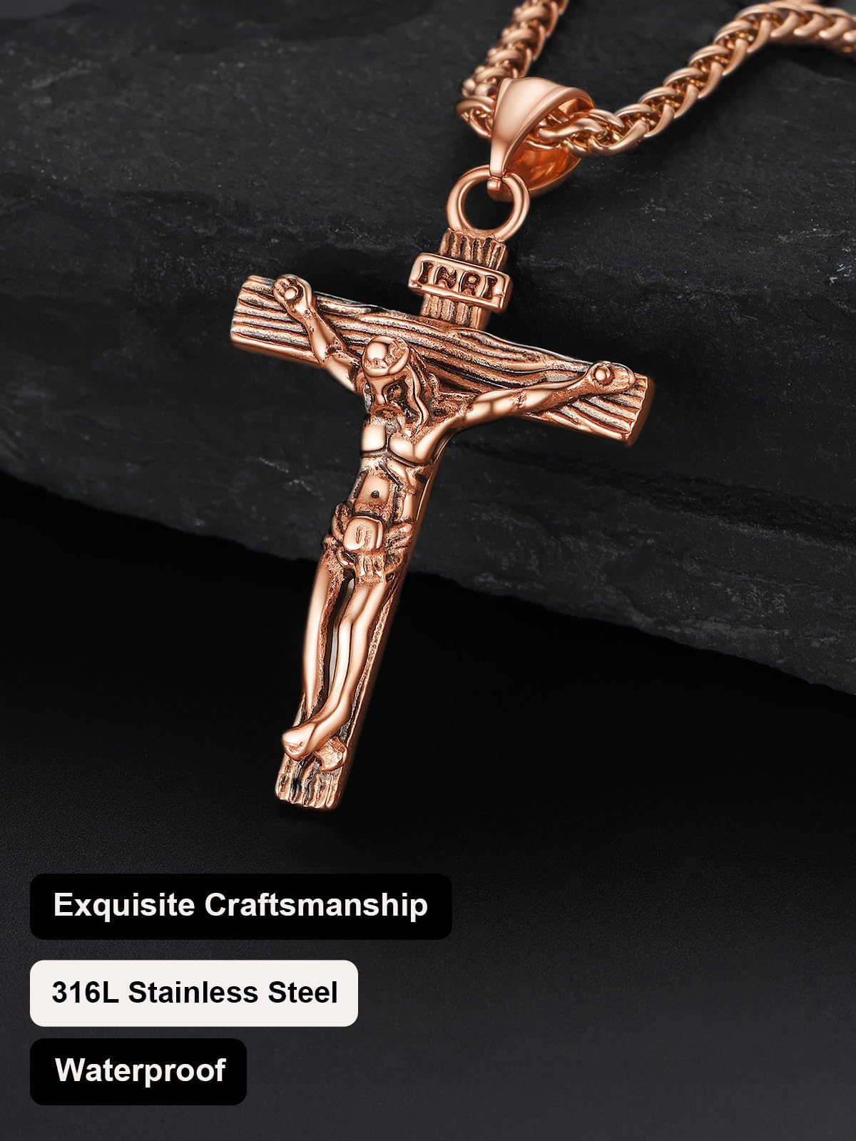 U7 Crucifix Cross Necklace Stainless Steel Crucifix Necklace Cross Pendant for Men with Rope Chain 22"(Rose Gold)