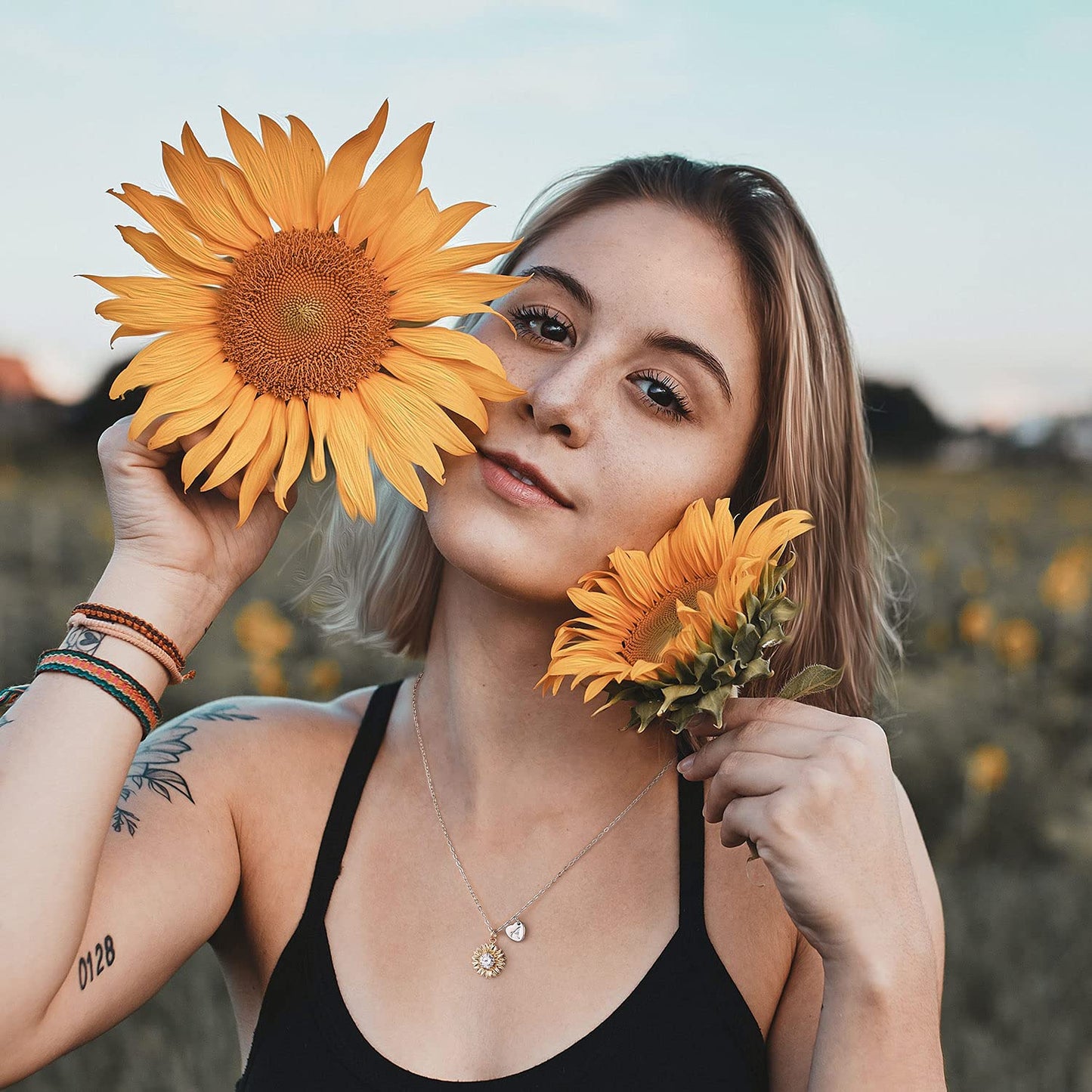 MONOZO Initial Sunflower Necklace for Women Trendy, 14k Gold Plated Sunflower Necklace Pendant CZ Heart Letter Initial Necklace You Are My Sunshine Gifts Sunflower Jewelry O