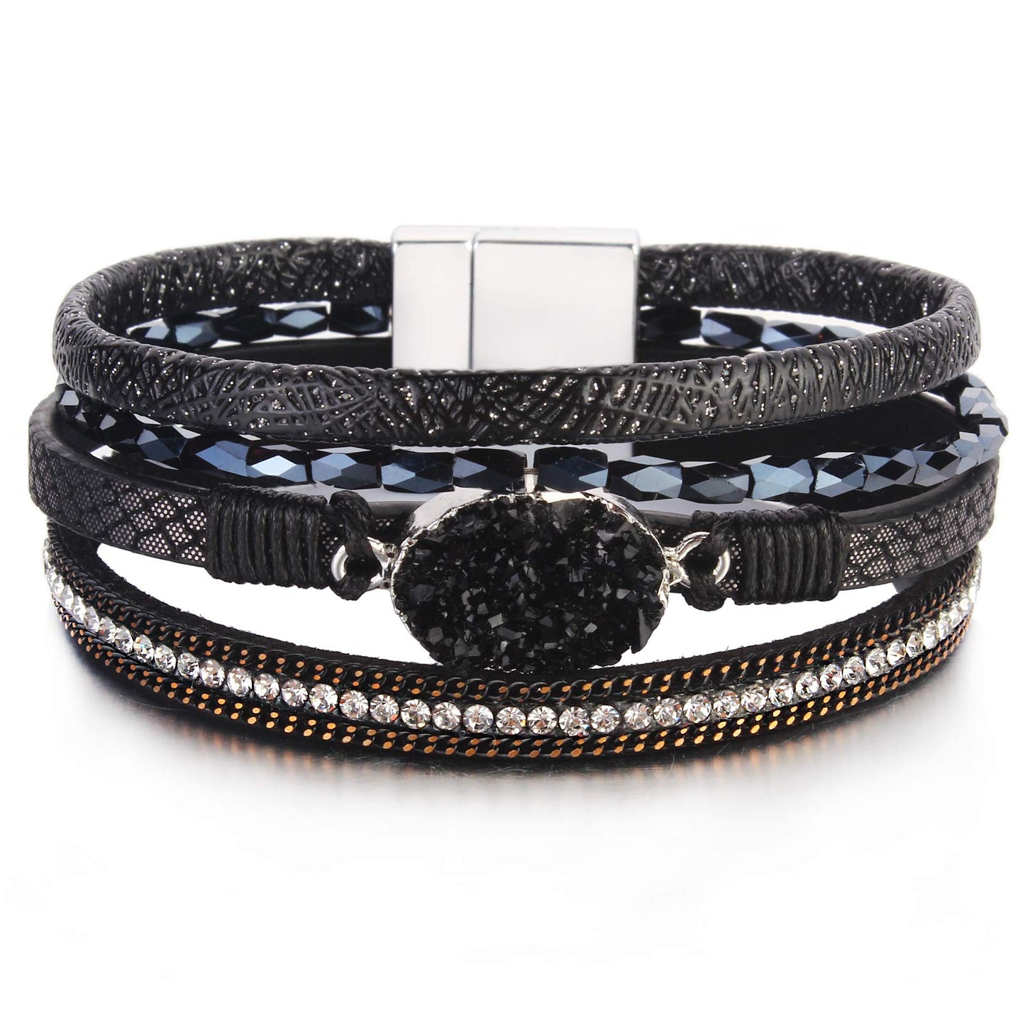 FANCY SHINY Leather Wrap Bracelet Boho Cuff Bangle Bracelets Crystal Bead Bracelet with Magnetic Clasp Trendy Jewelry Gifts for Women (7.7", Black)