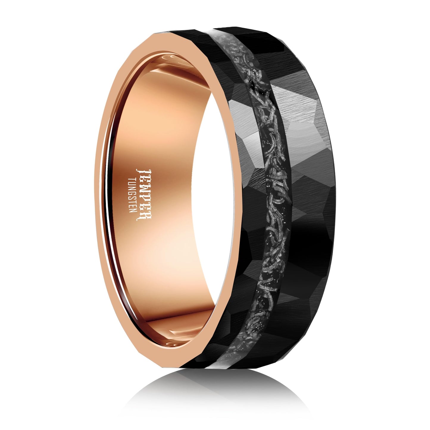 JEWPER 8mm Men Womens Wedding Band Tungsten Rings black rose gold Hammer pattern Fashion Promise Carbide Inlaid Iron Filings Matte Finish Edge Comfort Fit size(13)