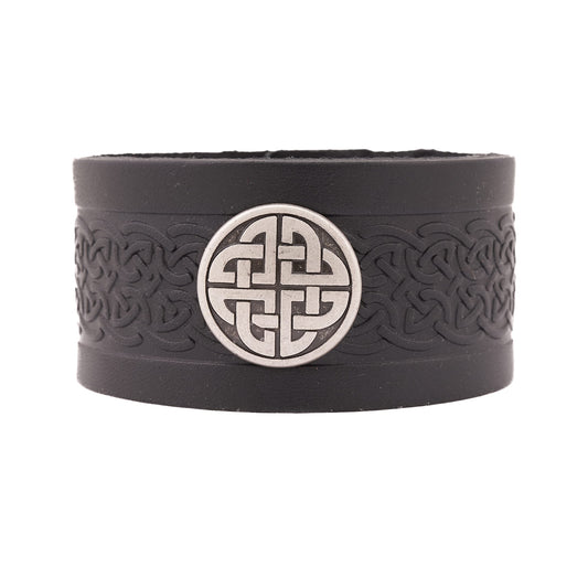 Biddy Murphy Genuine Leather Cuff Wrist Bracelet, Embossed Traditional Irish Celtic Jewelry, Soft Vegetable-Tanned Hide, Handmade, Imported, Black