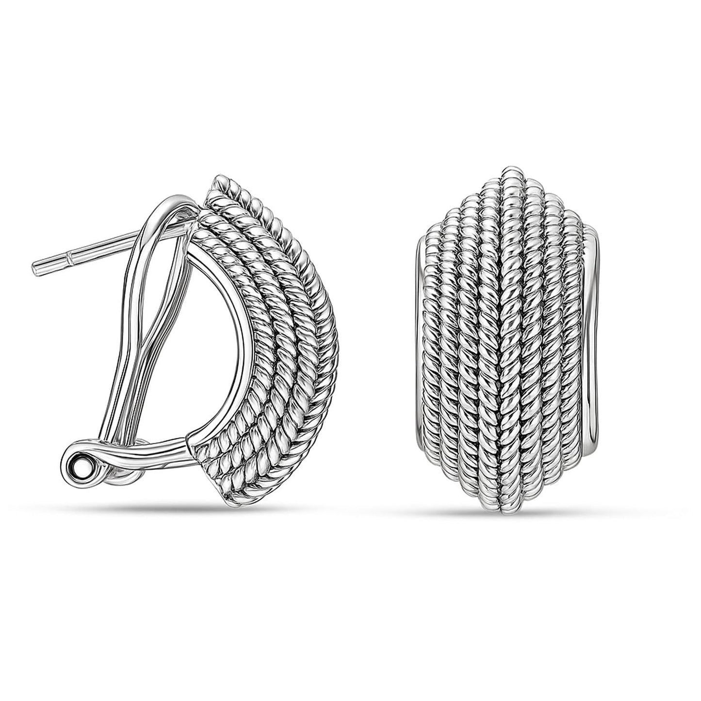 LeCalla 925 Sterling Silver Omega Back Earrings | Antique Crossover Textured Curve Statement Omega Back Clip-On Large Stud Earrings for Women 17MM