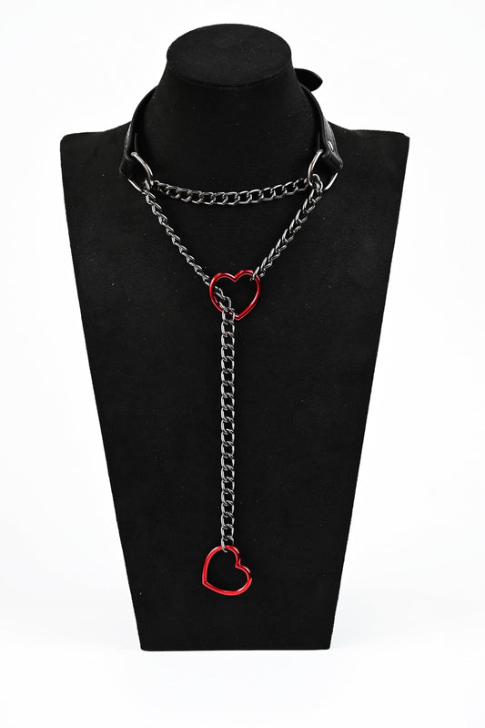 SIROLISA Handmade Black Heart Choker Collar for Women, Punk Gothic Vegan Leather Slip Chain Necklace with Adjustable Buckle, O-Ring Y-Necklace Jewelry for Goth Alternative Aesthetic Costumes