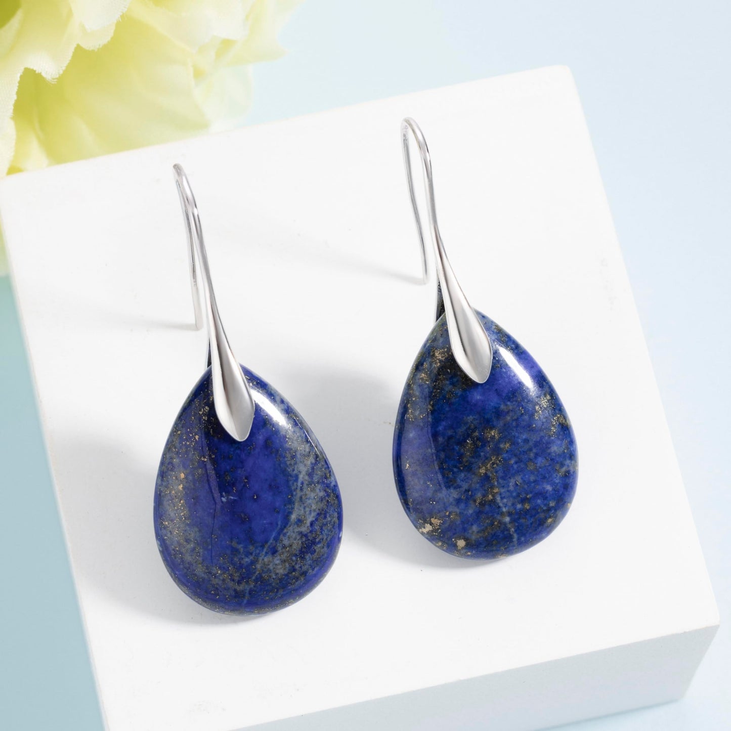 SELOVO Blue Agate Stone Teardrop Fishhook Dangle Drop Earrings Silver Tone