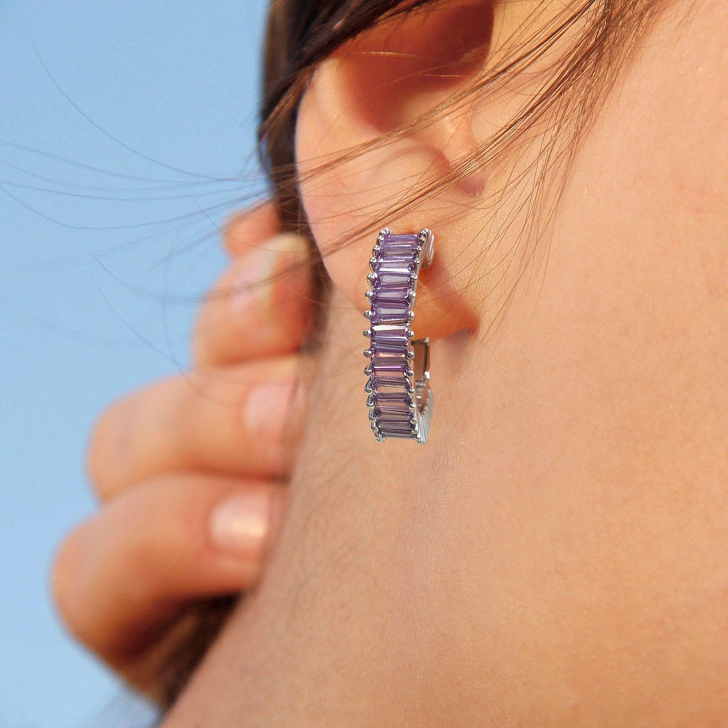 GLOQUAT Purple Hoop Earrings White Gold Plated Amethyst Earrings for Women Purple Rhinestone Earrings Lavender Earring Round Circle Hoops Vintage Baguette Cubic Zirconia Hoop Jewelry Gift 25mm