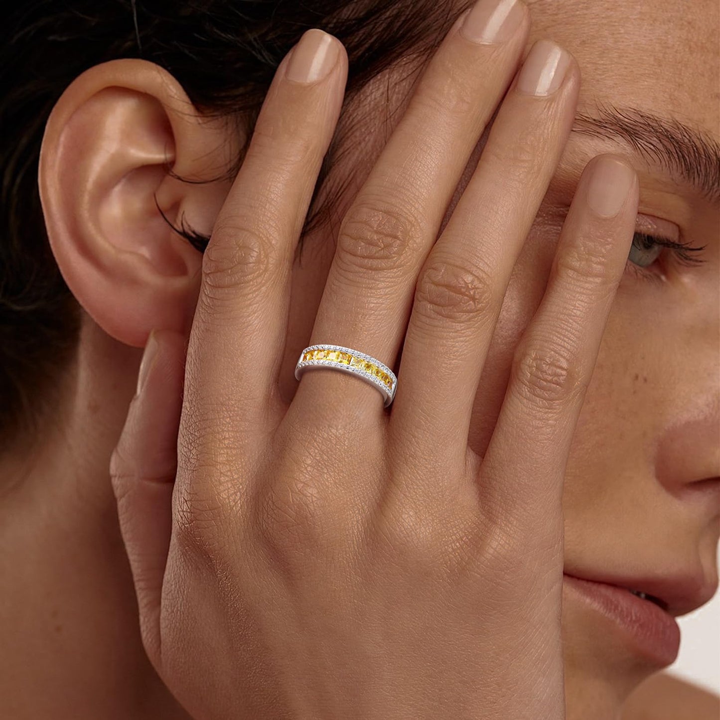 RANDES 925 Sterling Silver Citrine Ring Half Eternity Band Rings for Women Channel Set Princess Cut Yellow November Birthstone Ring Size 9