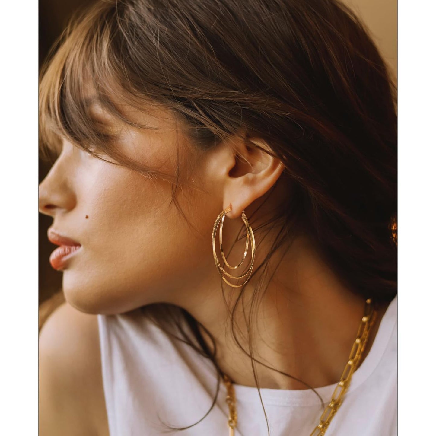 GLOQUAT 14K Gold Plated Hoop Earrings for Women Large Gold Thin Hoops Twisted Triple Hoop Earring for One Ear Hole Lightweight and Hypoallergenic Chunky Earring Jewelry Gifts 50mm