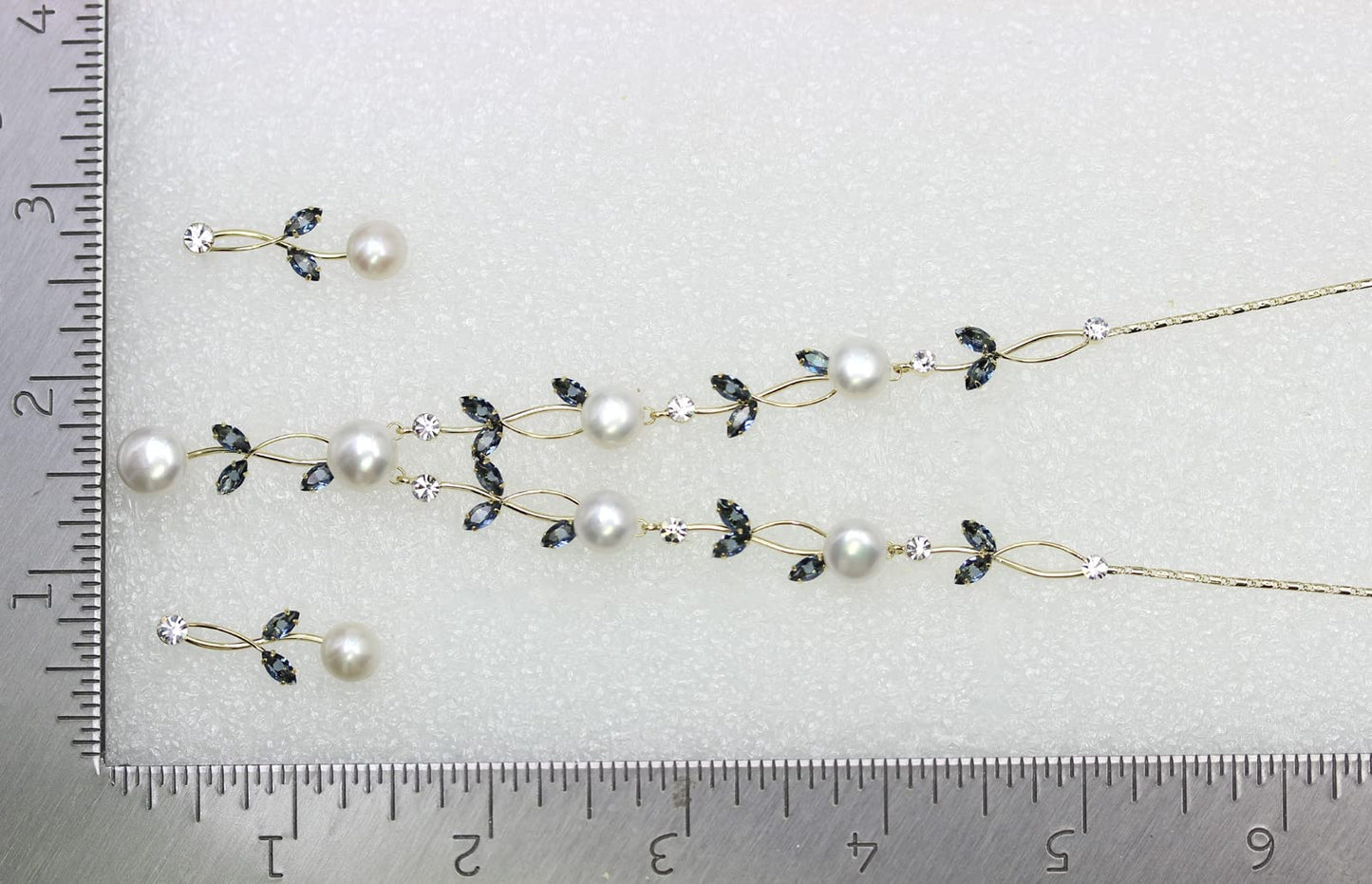 Faship Gorgeous Navy Blue CZ Crystal Genuine Freshwater Pearls Floral Necklace Earrings Set - Navy Blue/Gold Plated