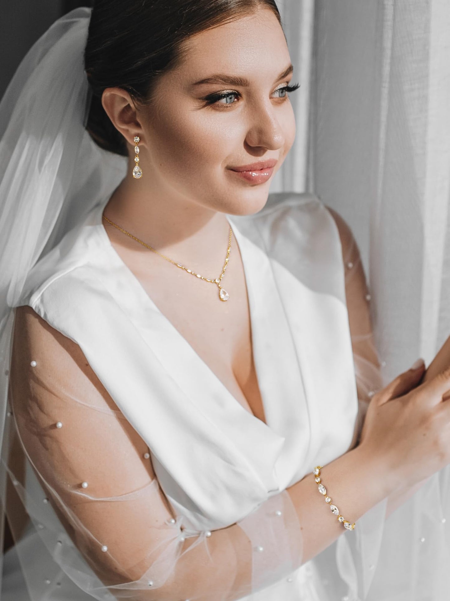SWEETV Gold Bridal Jewelry Set for Wedding, Cubic Zirconia Necklace Dangle Drop Earrings Bracelet Set, Teardrop Marquise Brides Bridesmaids Wedding Prom Anniversary Jewelry Gifts for Women