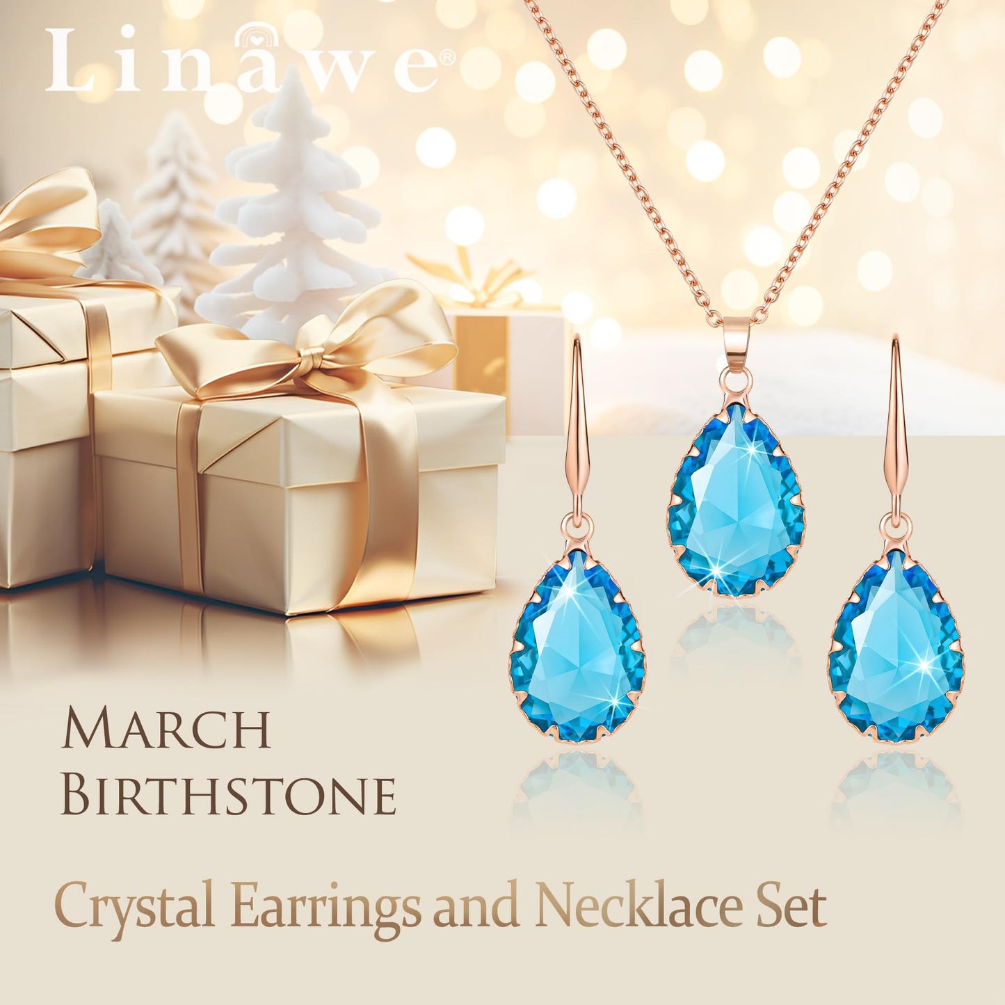 Linawe Lab Created Aquamarine Blue Jewelry Sets for Women, Rose Imitation Gold Plated Pendant Necklace and Earring Set, Fake Birthstone Crystal Imitation Diamond Necklace Set, Rhinestone Teardrop Jewelry Set